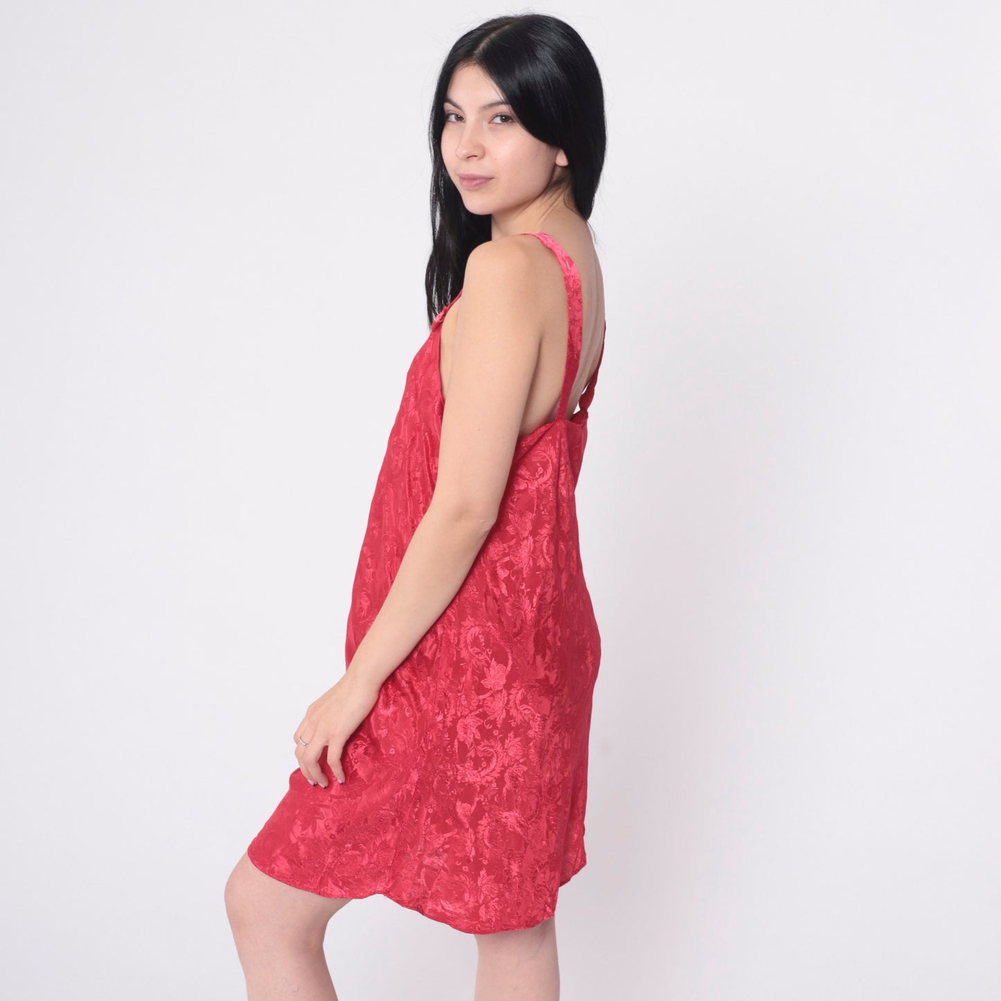 90s Red Floral Embossed Slip Dress Mini Nightgown Bows Medium