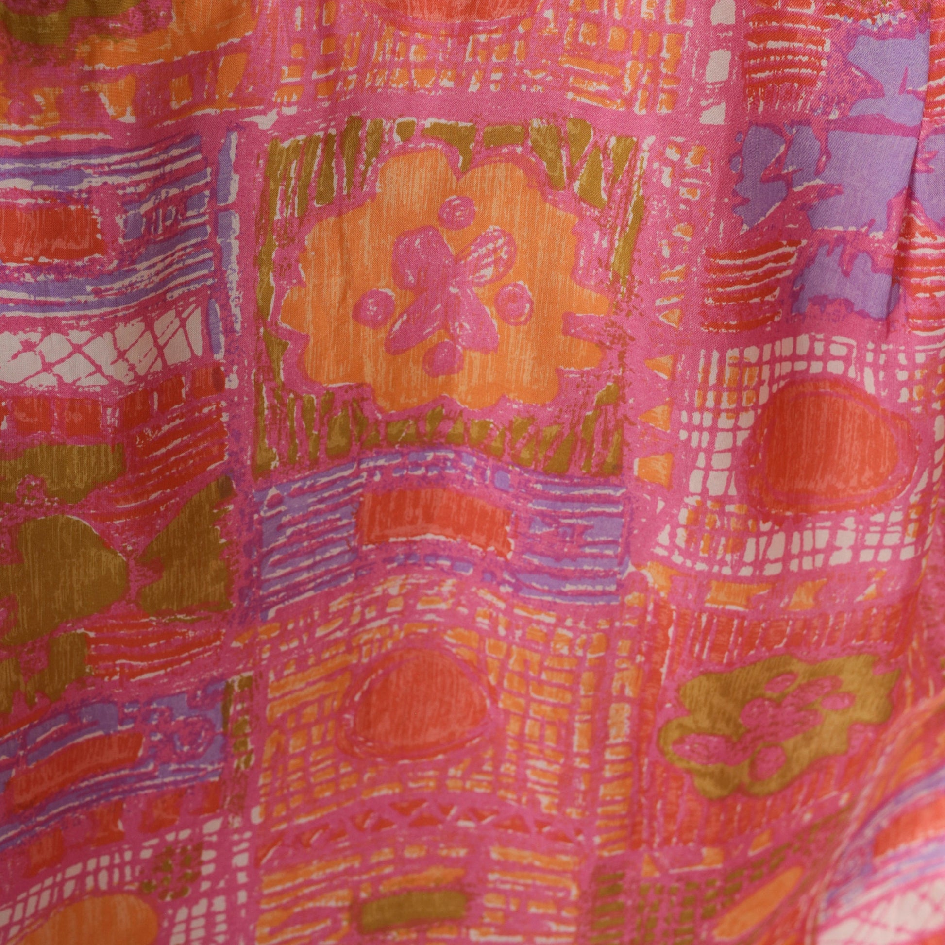 70s Abstract Floral Silk Blouse Pink Orange Cap Sleeve Button Up Large