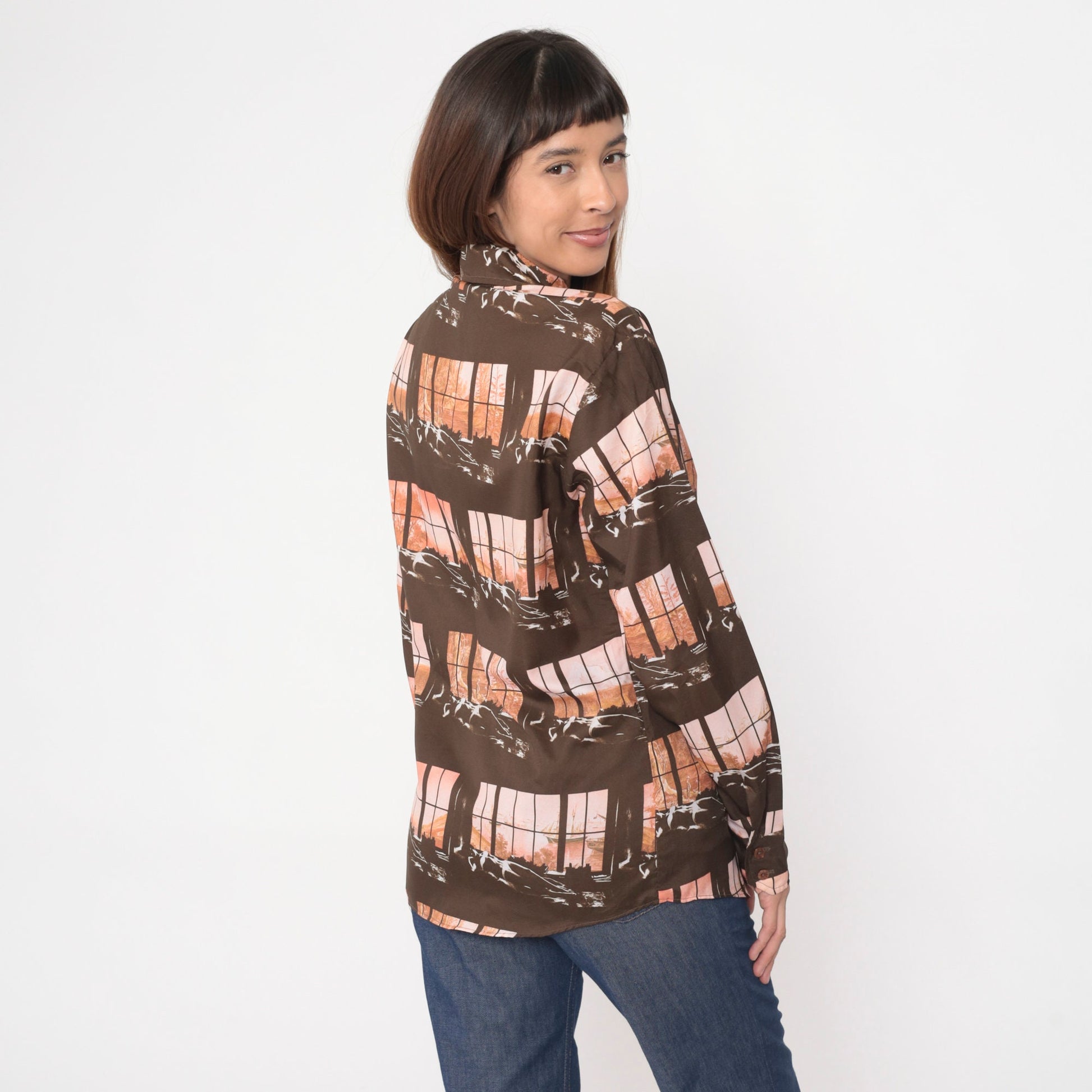 70s Disco Shirt Brown Art Print Button Up Dagger Collar Long Sleeve Medium