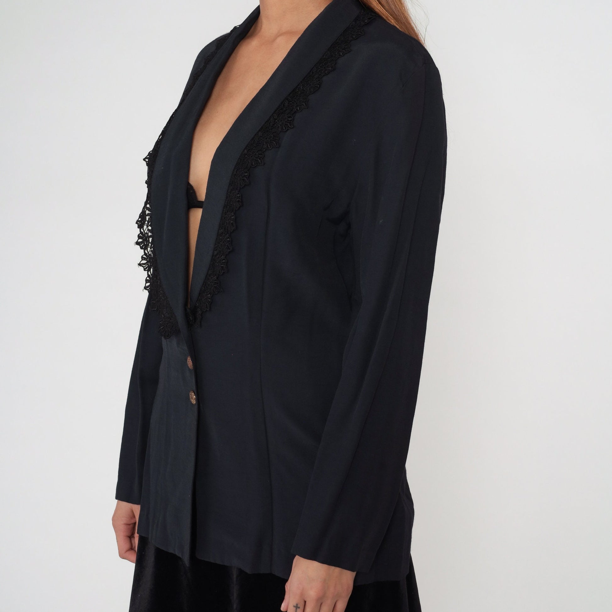 90s Black Blazer Jacket Lace Trim Deep V Neck Button Up Medium M