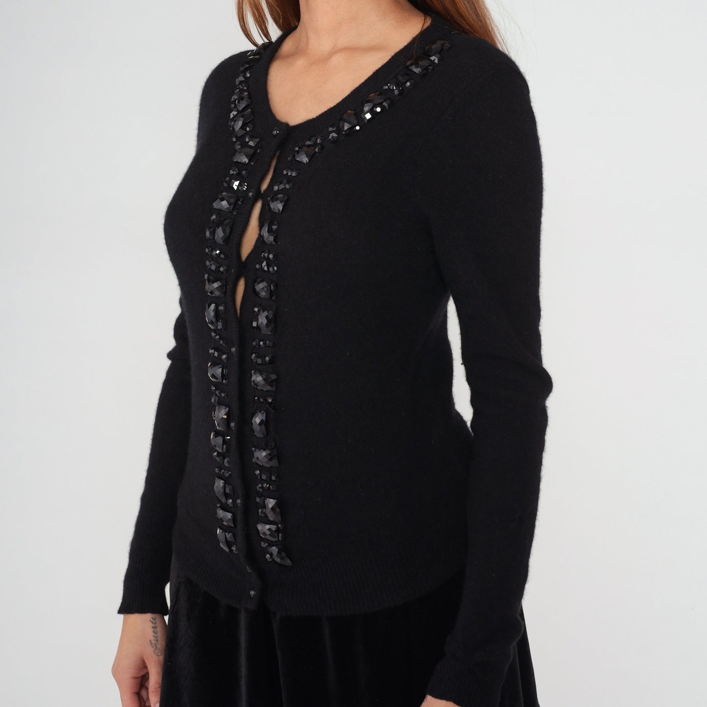Y2K Black Cashmere Cardigan Rhinestone Beaded Button-Up Sweater Medium M