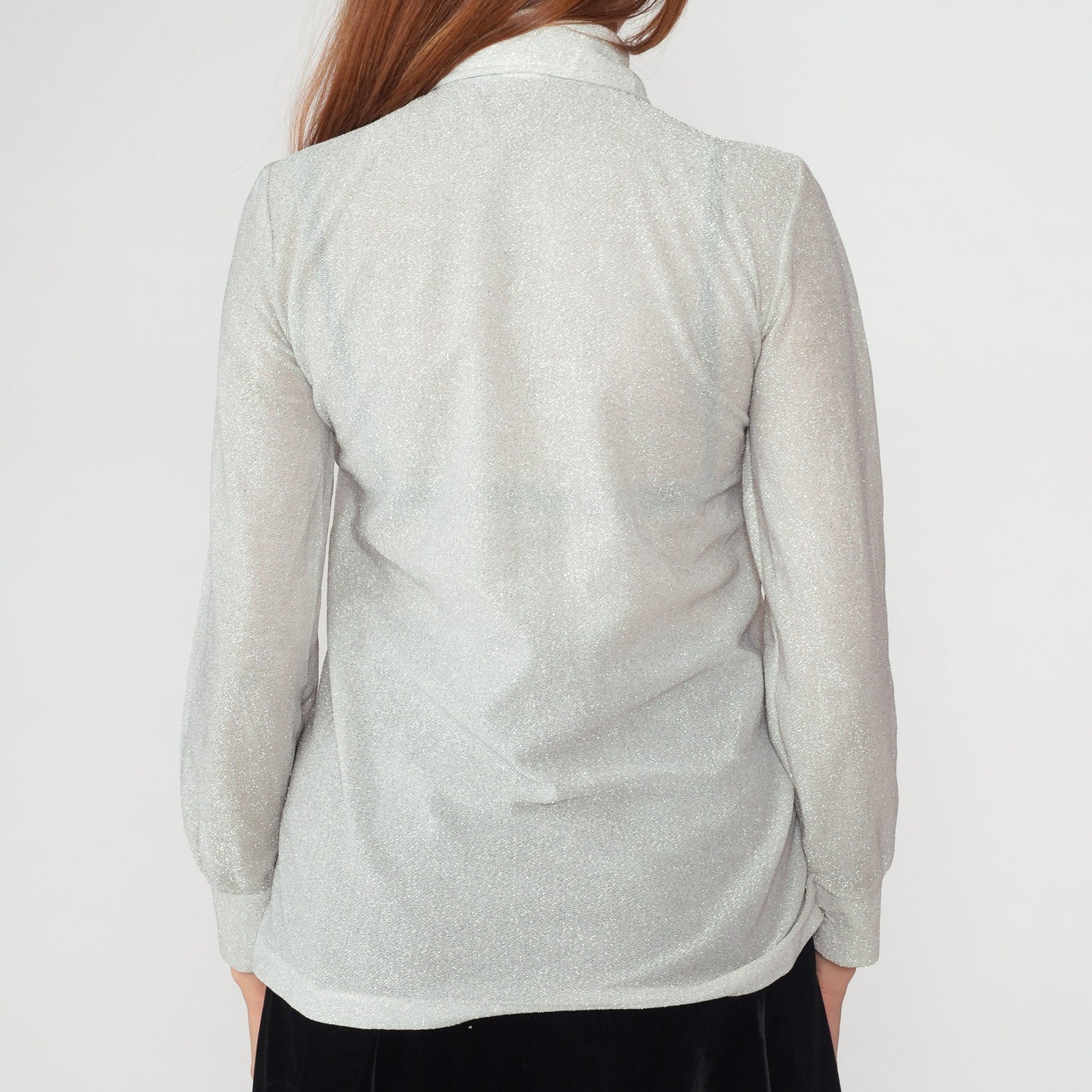 70s Metallic Silver Rhinestone Button Blouse Dagger Collar Long Sleeve Small