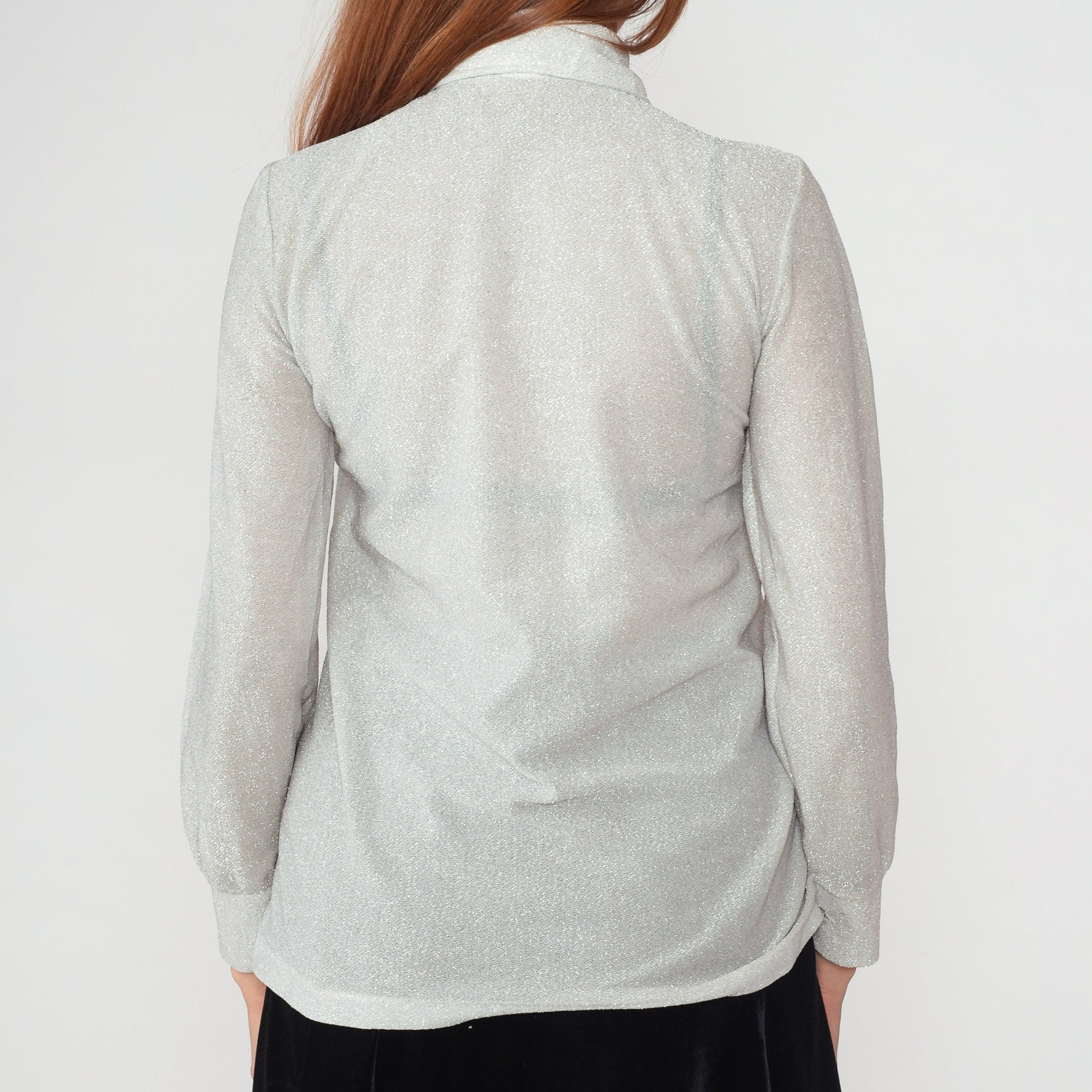 70s Metallic Silver Rhinestone Button Blouse Dagger Collar Long Sleeve Small