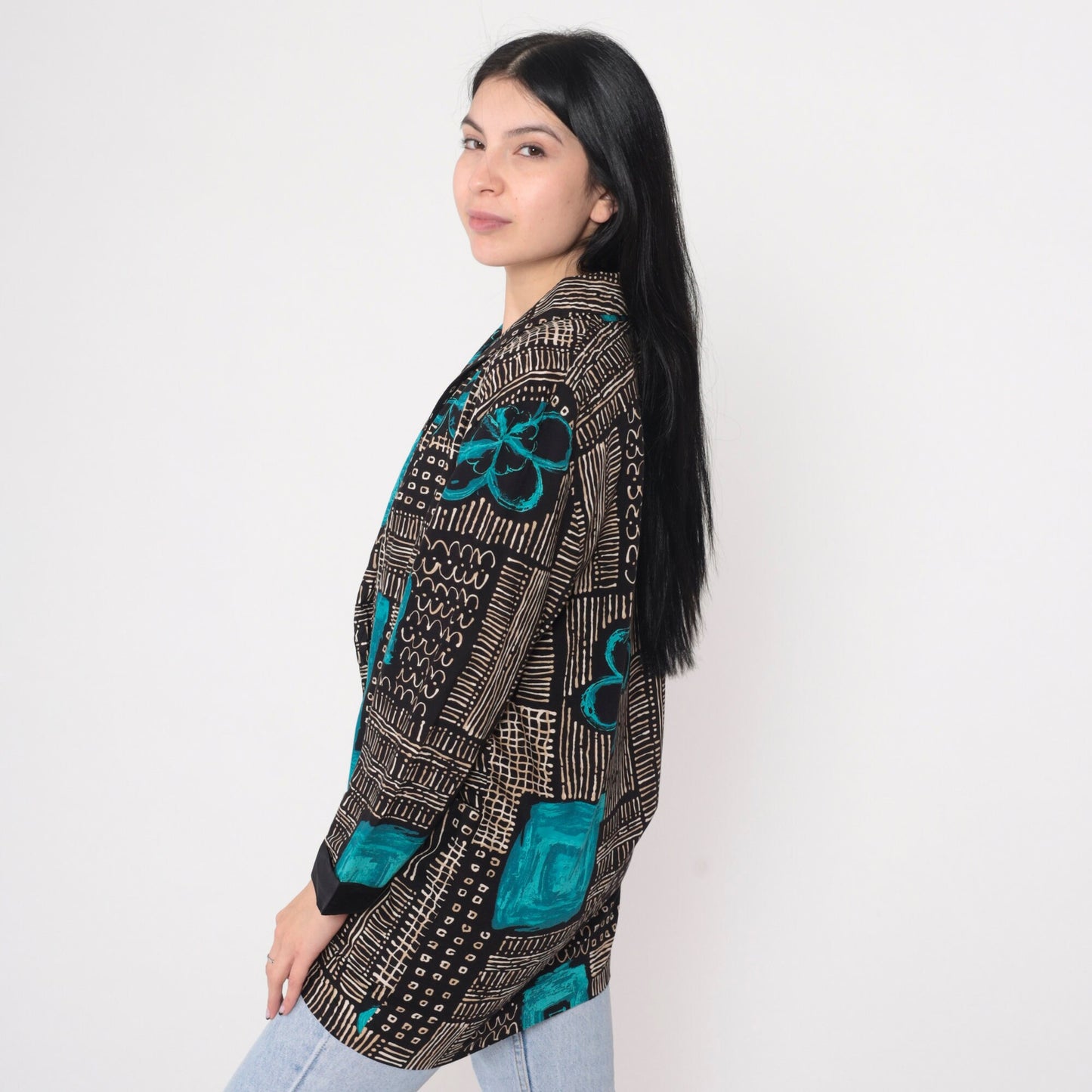 90s Kensington Square Blazer Black White Abstract Floral Print Blue Flowers Large L