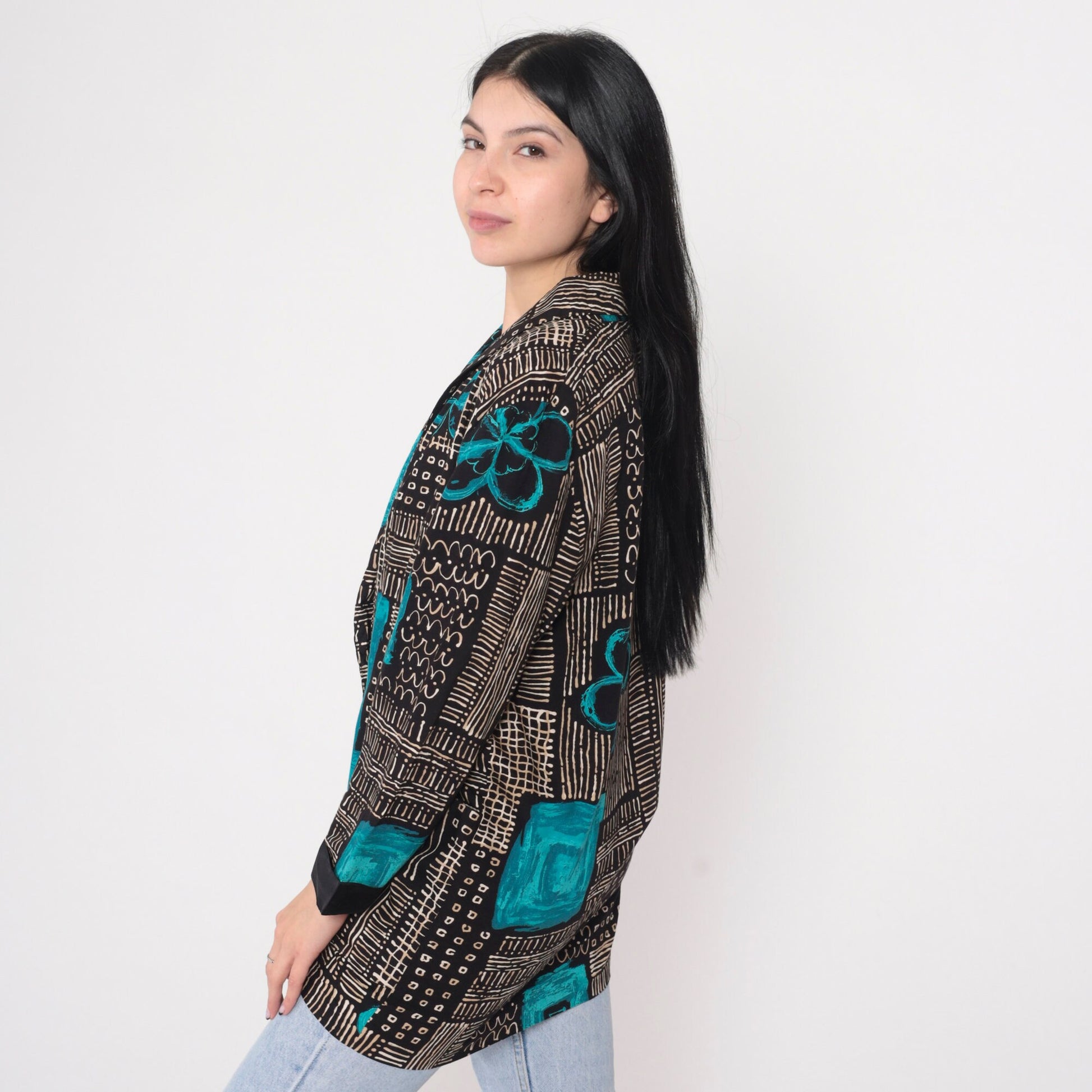 90s Kensington Square Blazer Black White Abstract Floral Print Blue Flowers Large L