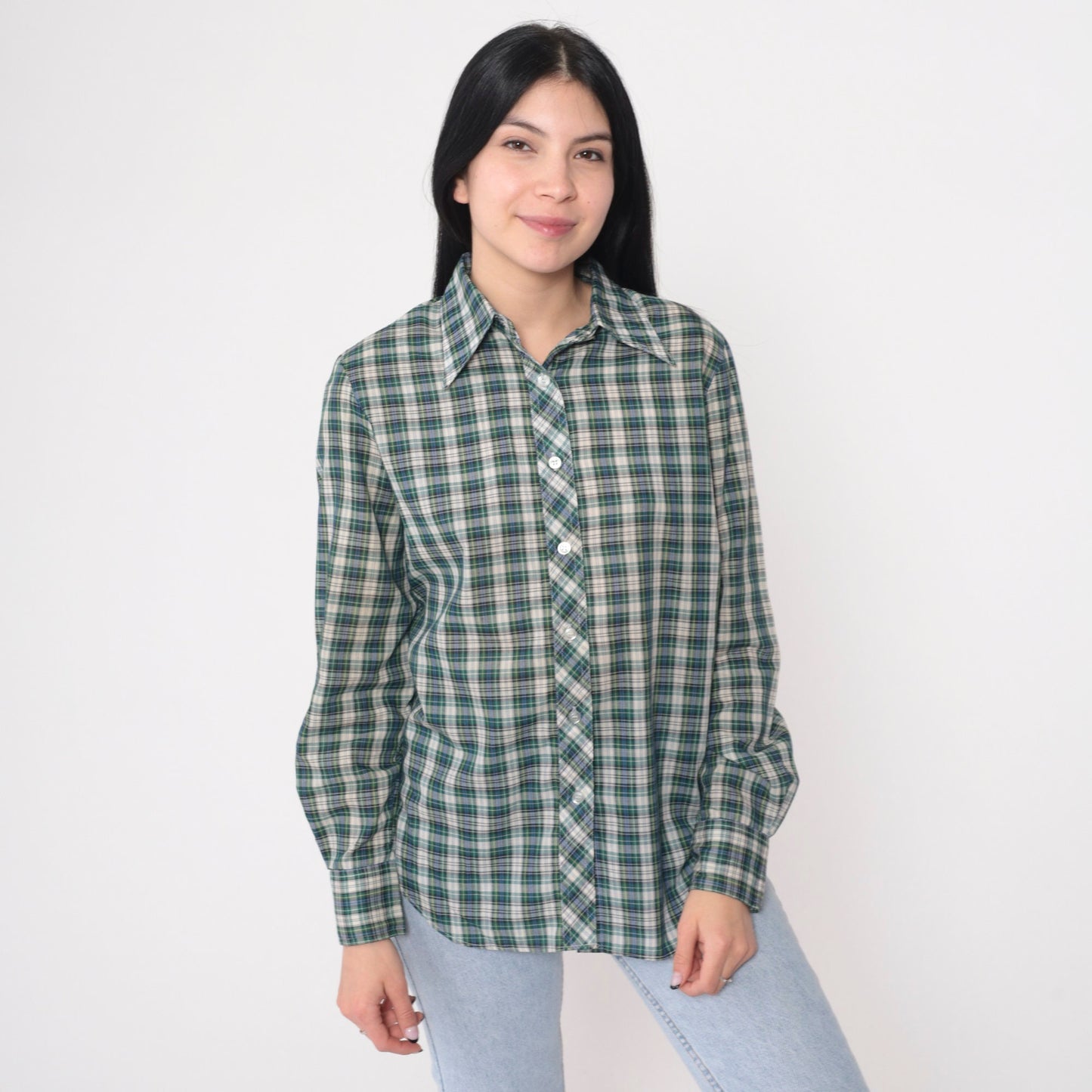 80s Plaid Button-Up Shirt Blue Green White Checkered Long Sleeve Small