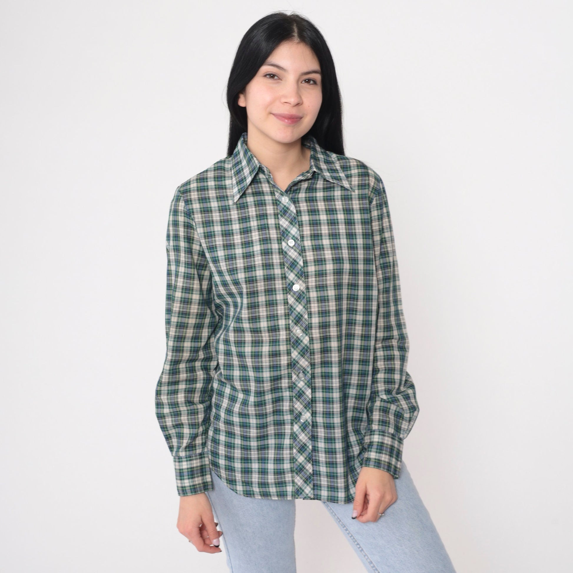 80s Plaid Button-Up Shirt Blue Green White Checkered Long Sleeve Small