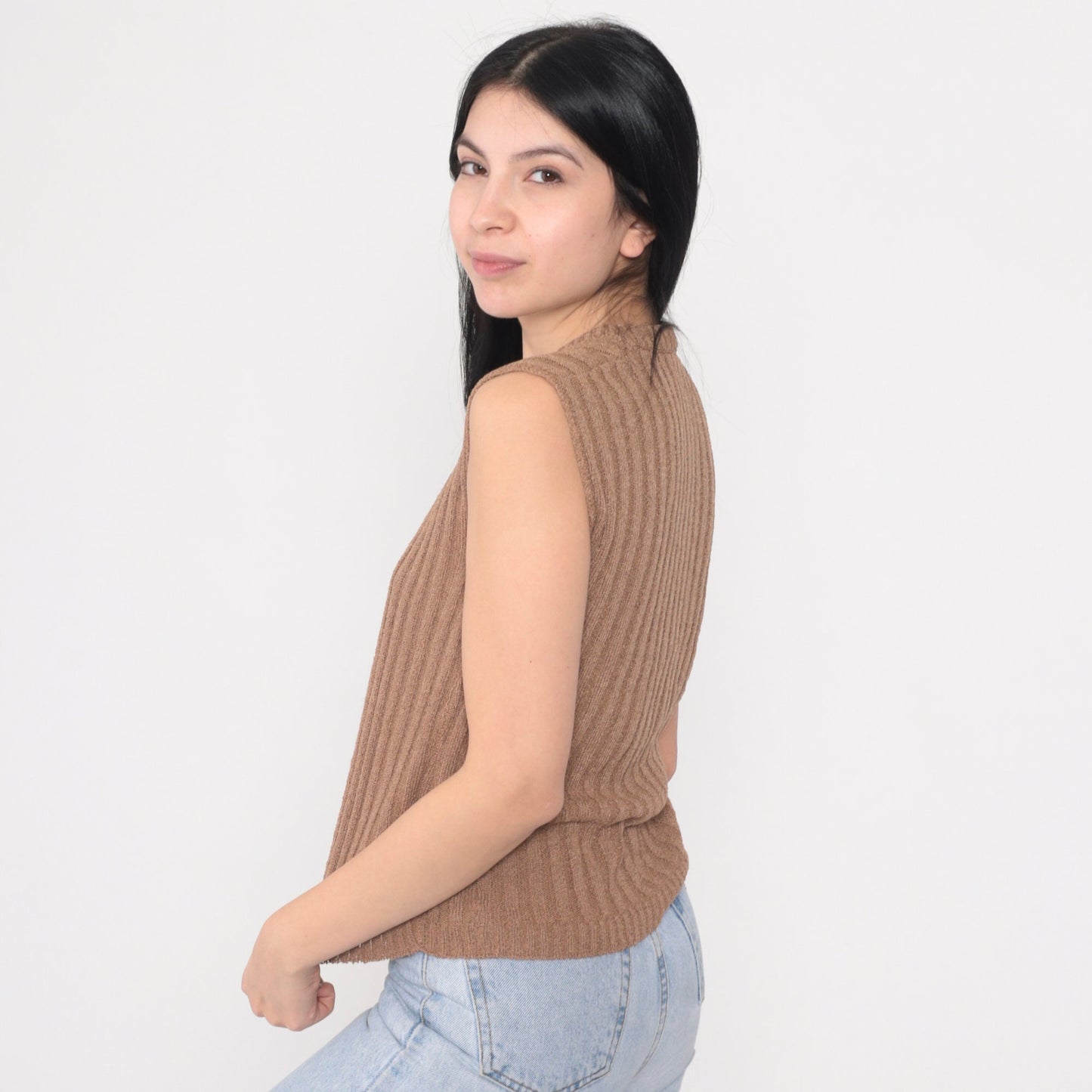 80s Cocoa Brown Ribbed Knit Sweater Vest Scoop Neck Pullover Medium M