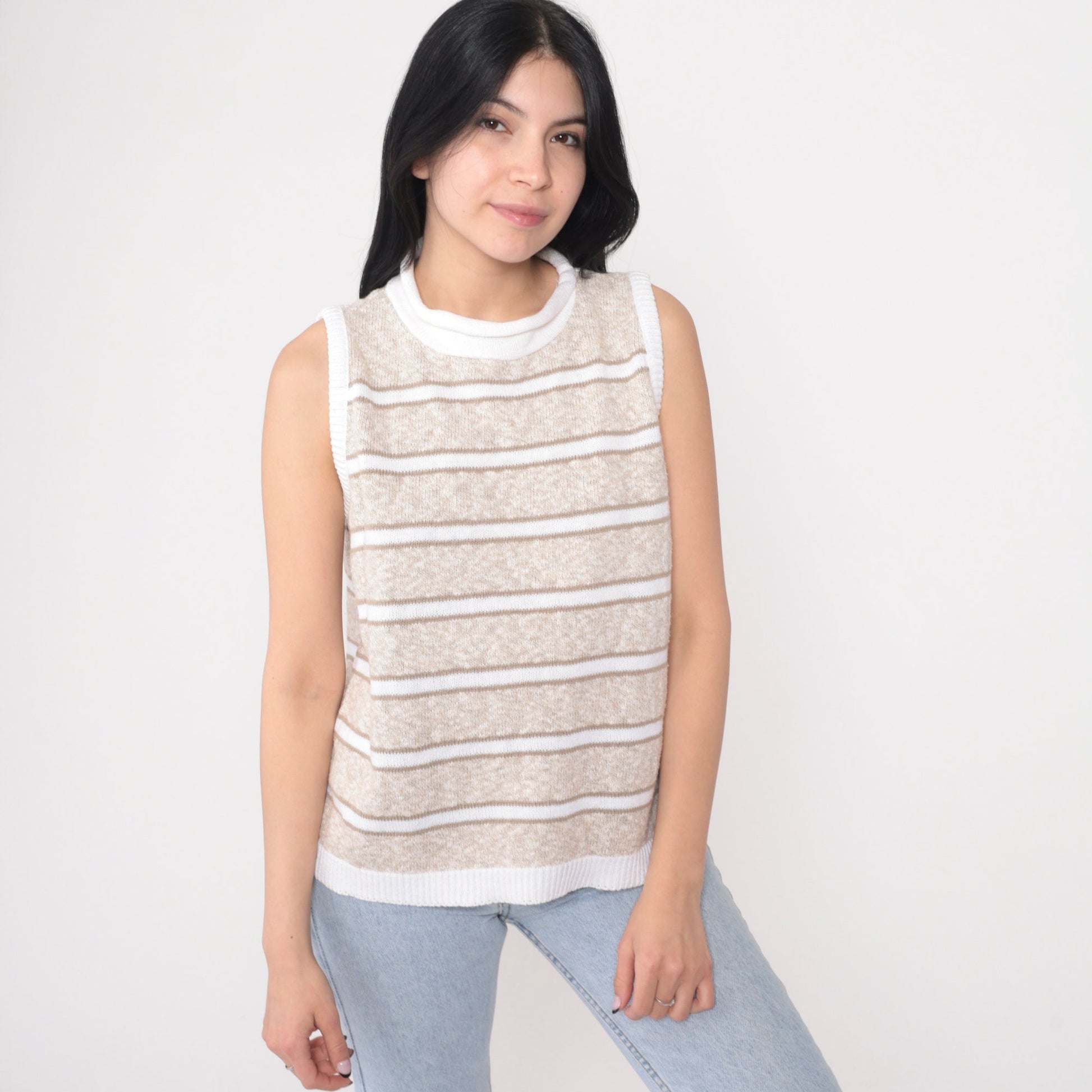 80s Striped Knit Sweater Vest Tan White Mock Neck Pullover Medium
