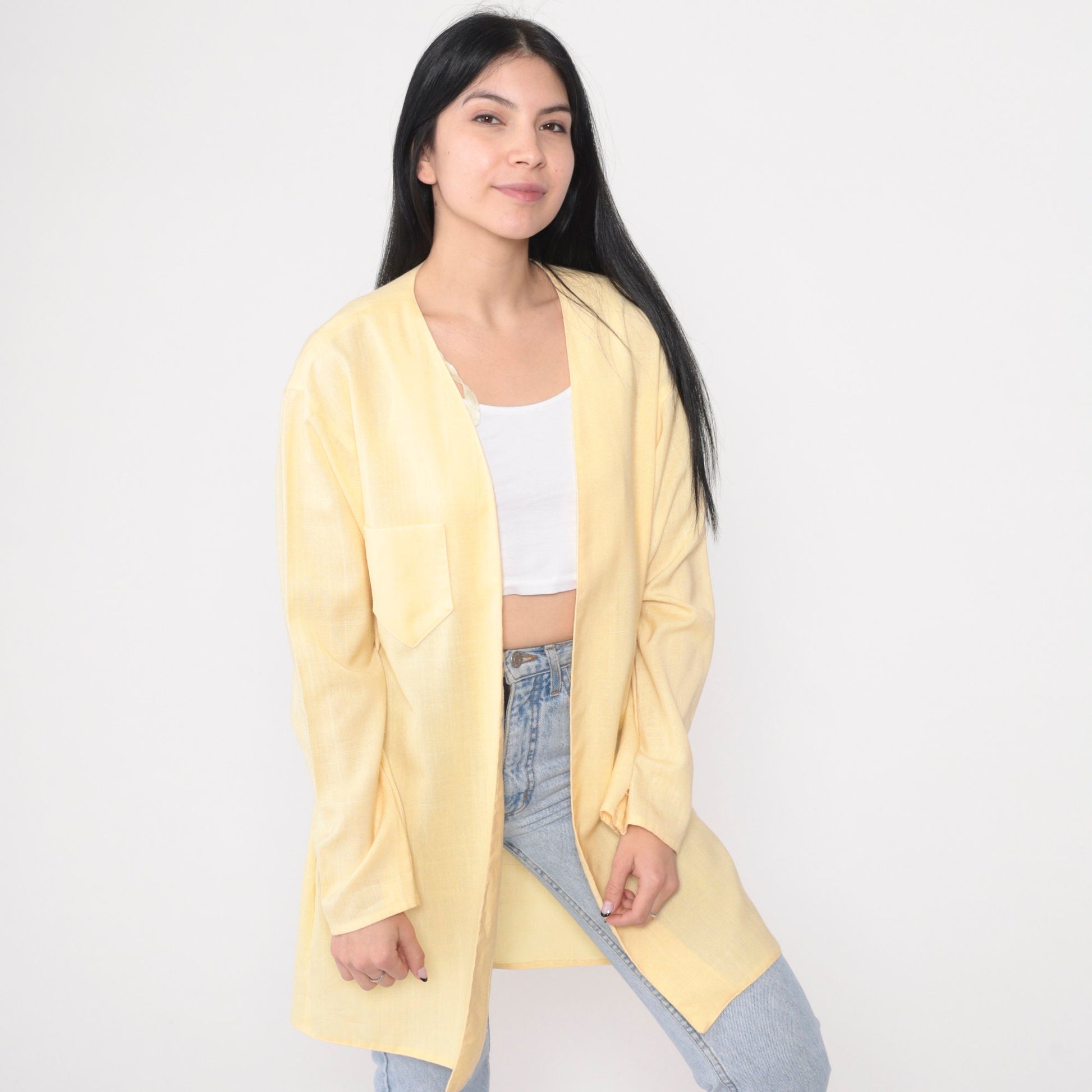 90s Pastel Yellow Longline Cardigan Jacket Open Front Medium Large