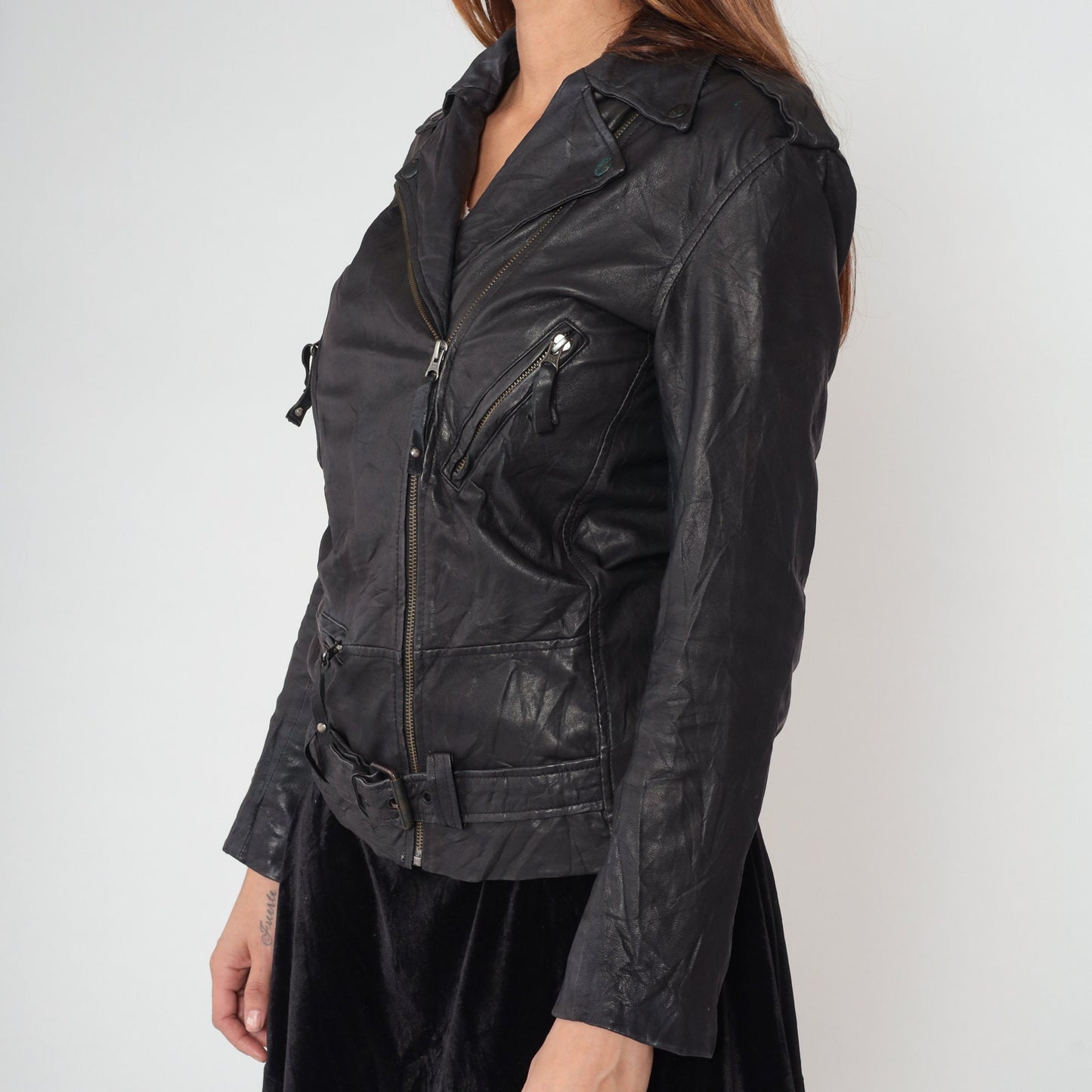 Y2K Sara Bermen Black Leather Moto Jacket Zip Front Small S