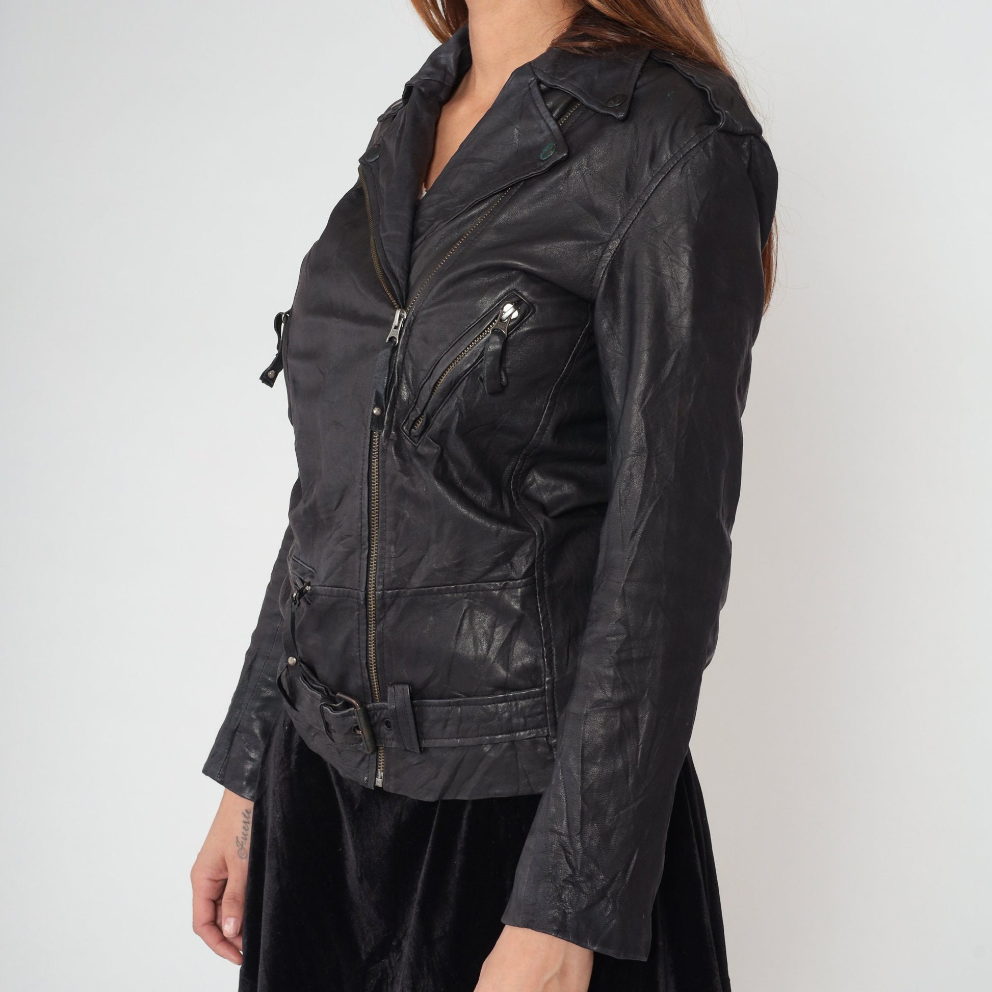 Y2K Sara Bermen Black Leather Moto Jacket Zip Front Small S