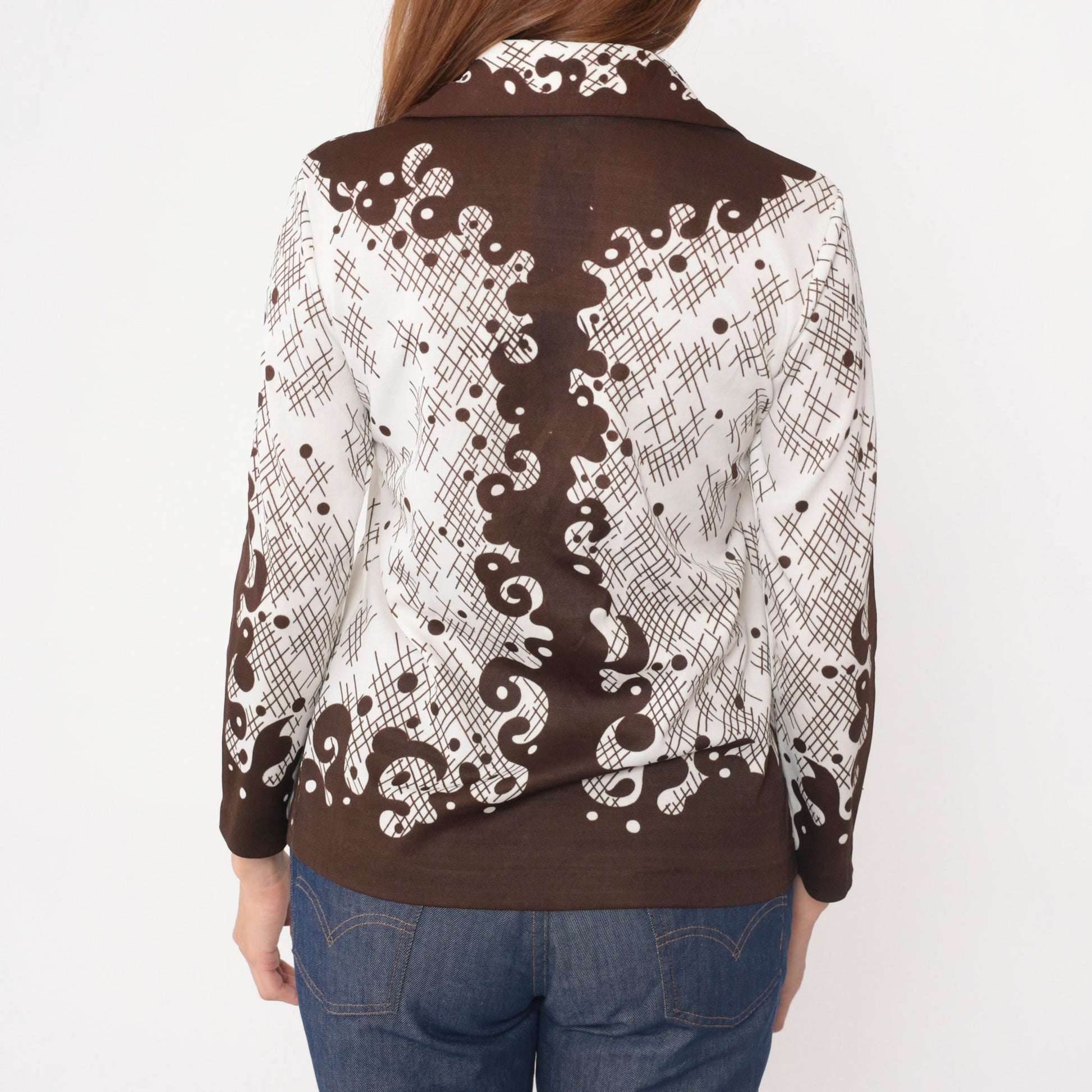 70s Swirl Print Button Up Shirt Brown White Abstract Plaid Dagger Collar Small