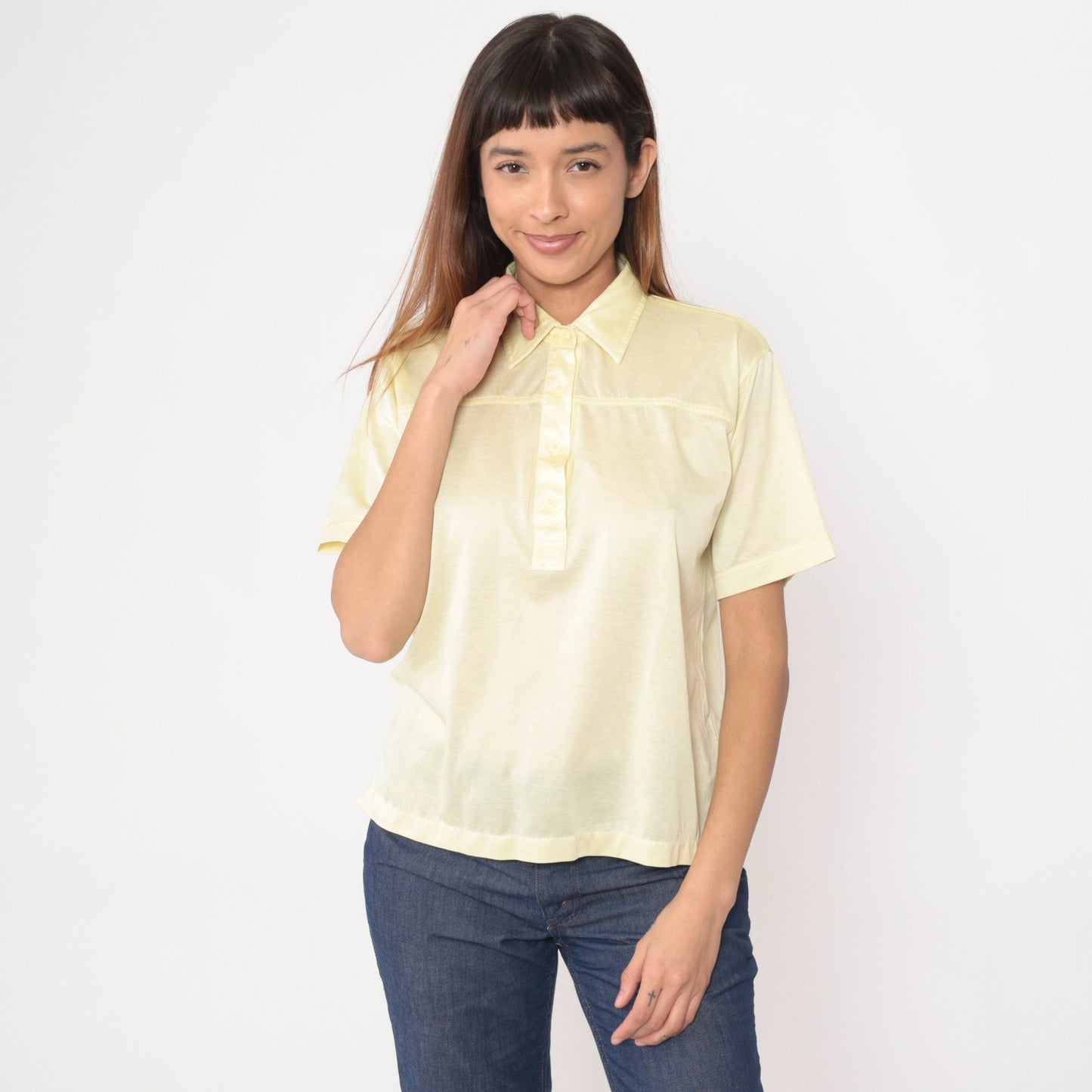 80s Yellow Polo Shirt Light Pastel Button-Up Collared Tee Medium