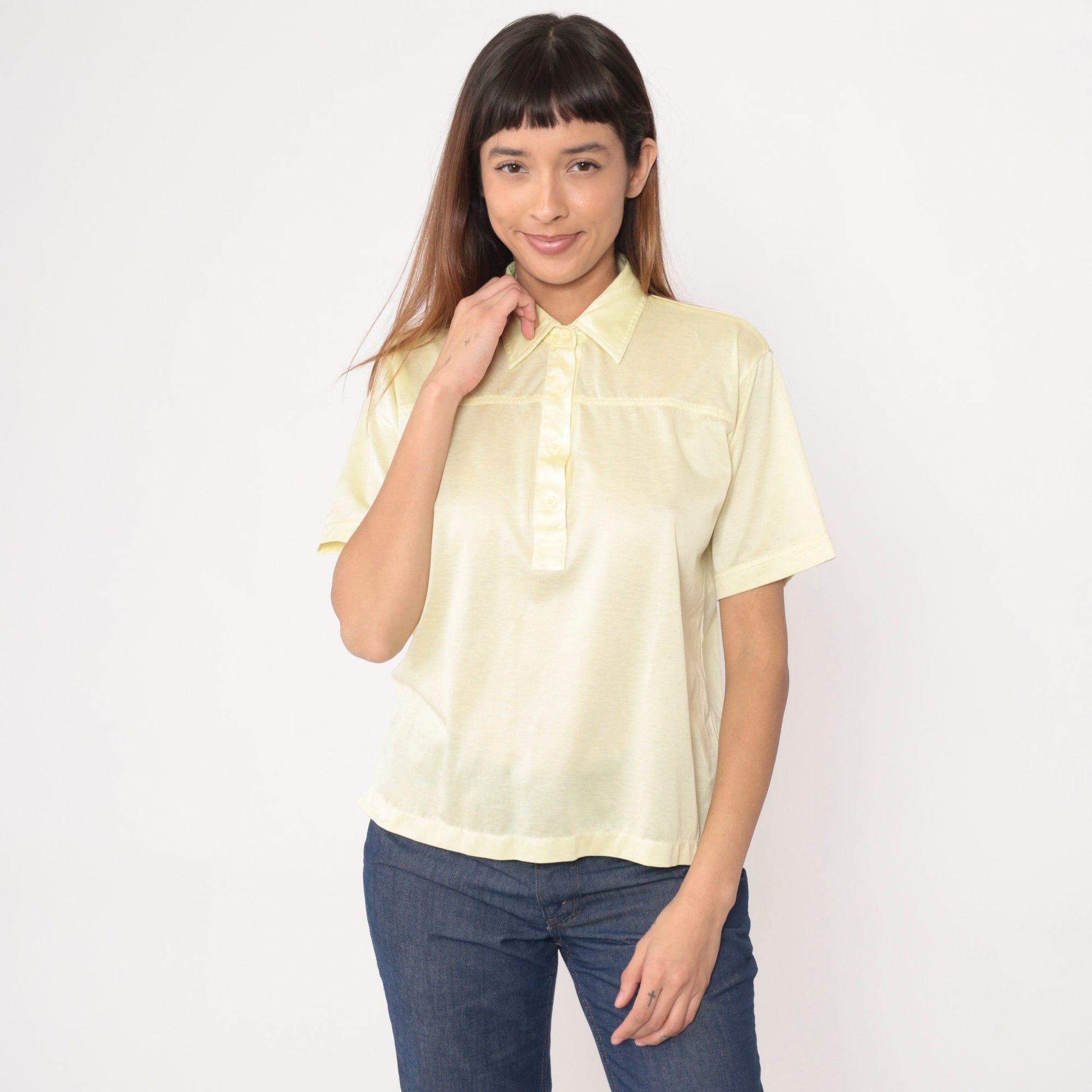 80s Yellow Polo Shirt Light Pastel Button-Up Collared Tee Medium