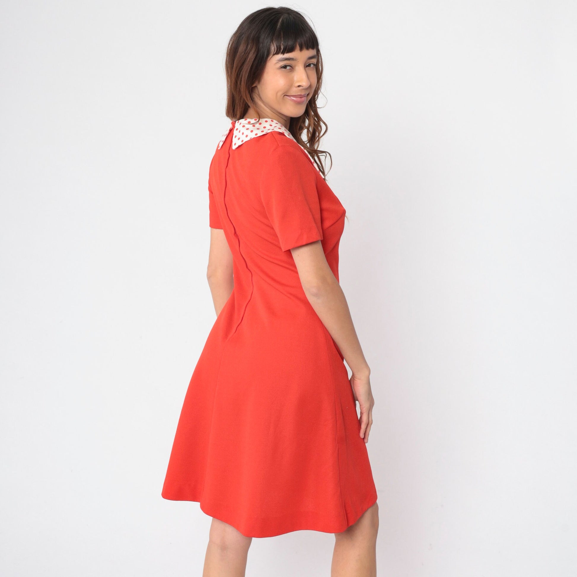 70s Red Shift Dress Polka Dot Collar Mini Short Sleeve Medium 8