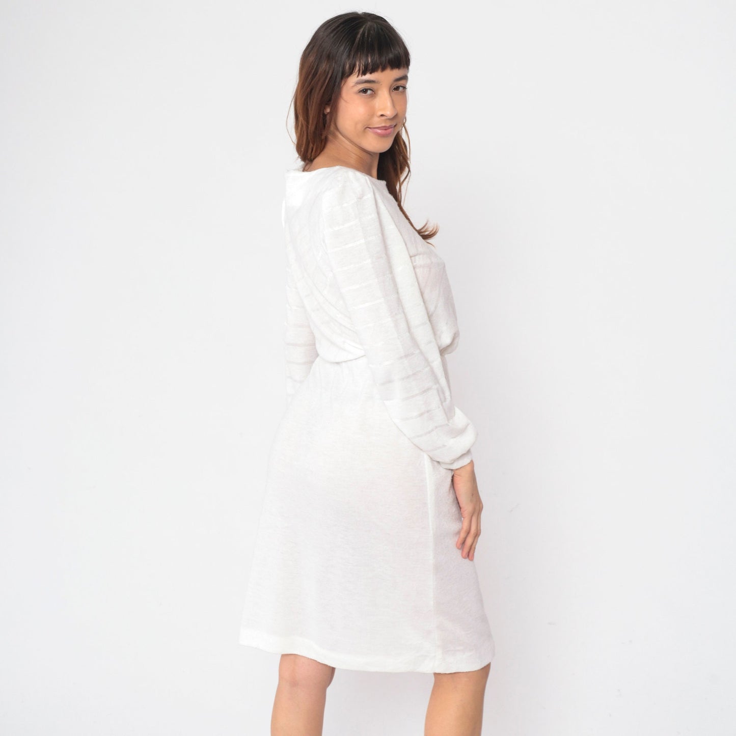 80s White Diagonal Striped Midi Dress Puff Sleeve High Waist Small