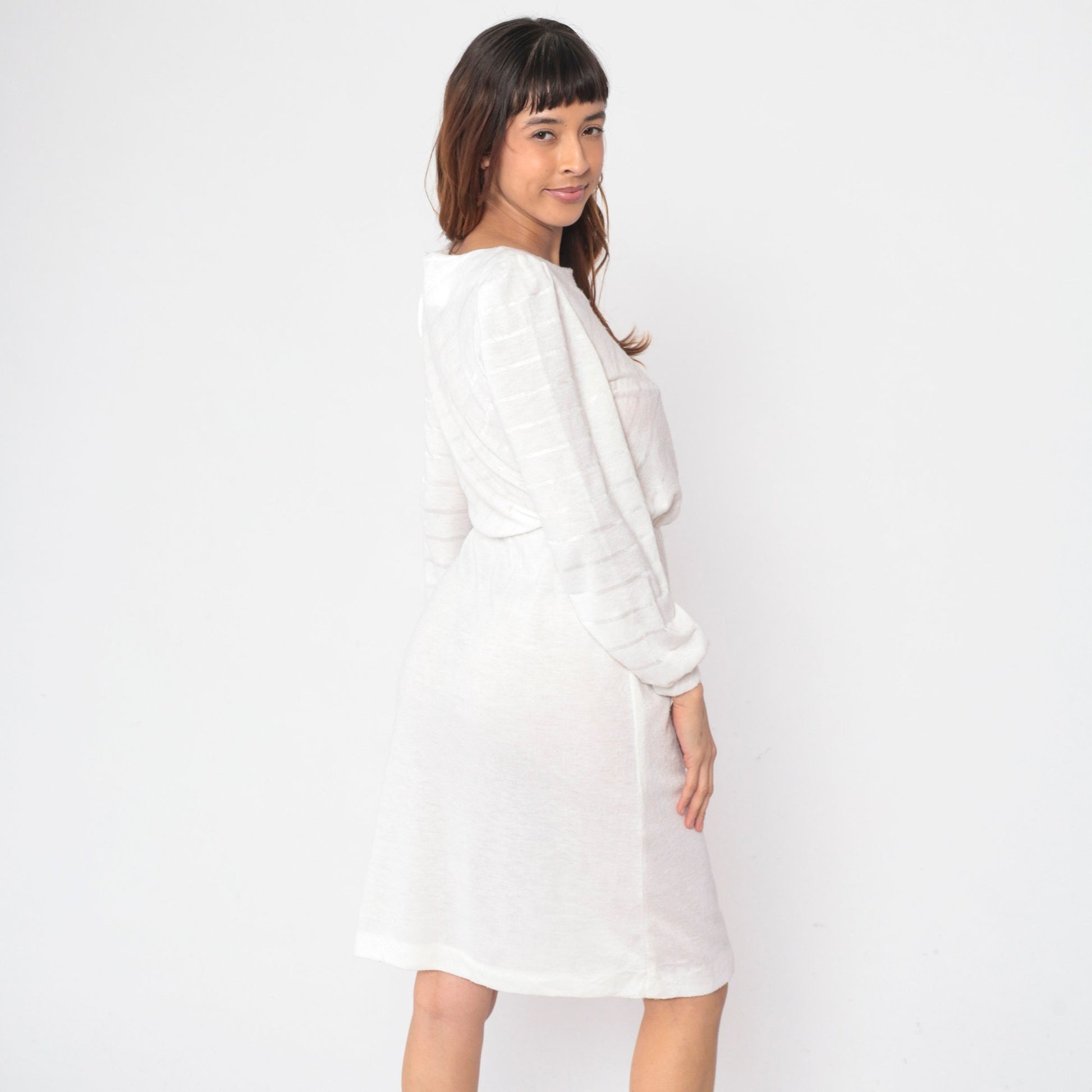 80s White Diagonal Striped Midi Dress Puff Sleeve High Waist Small