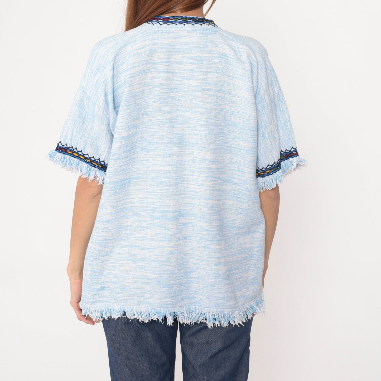 90s Geometric Knot Embroidered Tunic V-Neck Fringe Top Baby Blue Medium