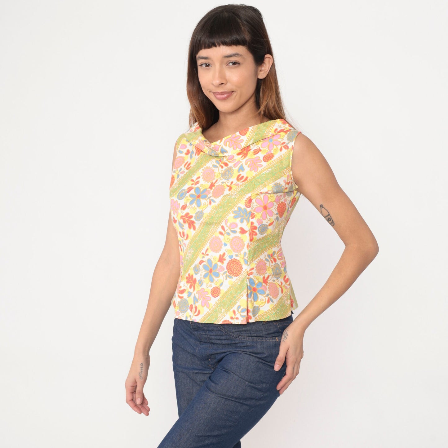 60s Floral Heart Tank Top Button Back Boatneck Cotton Sleeveless Extra Small