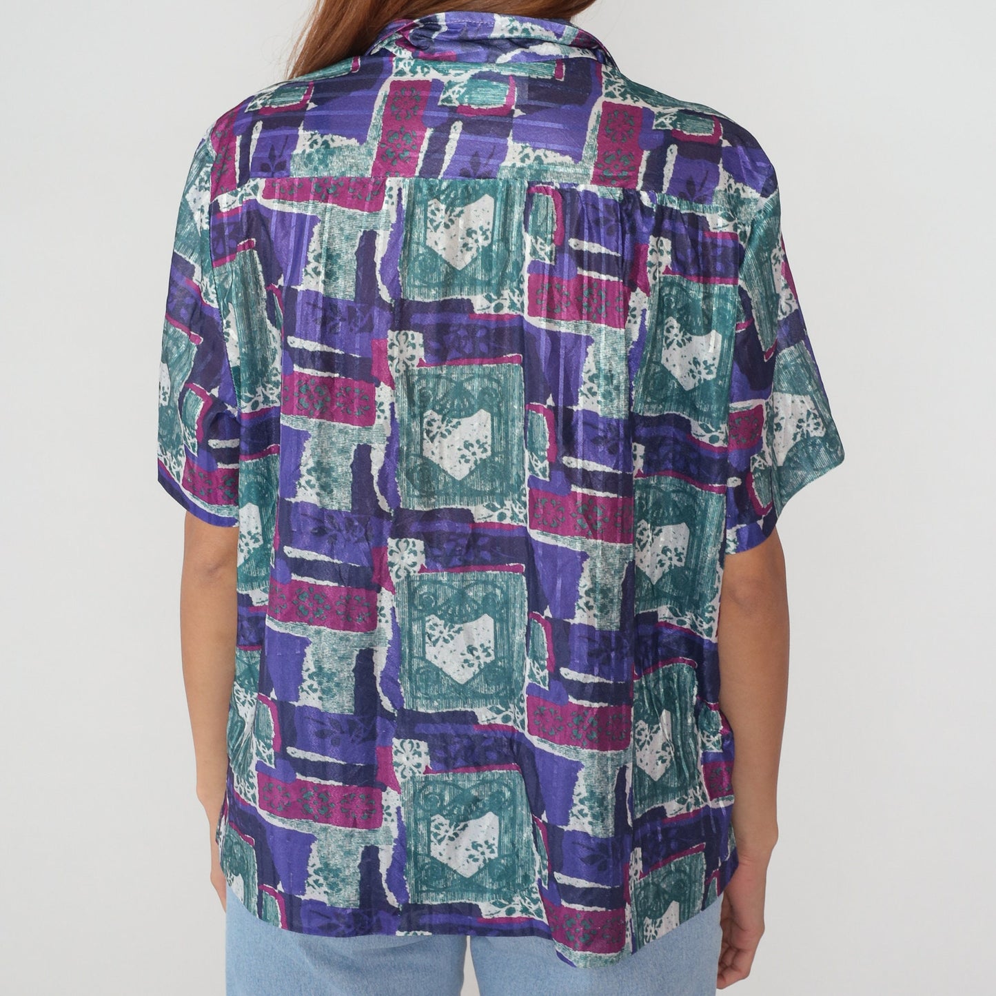 90s Abstract Floral Button-Up Blouse Short Sleeve Purple Pink Blue-Green XXL
