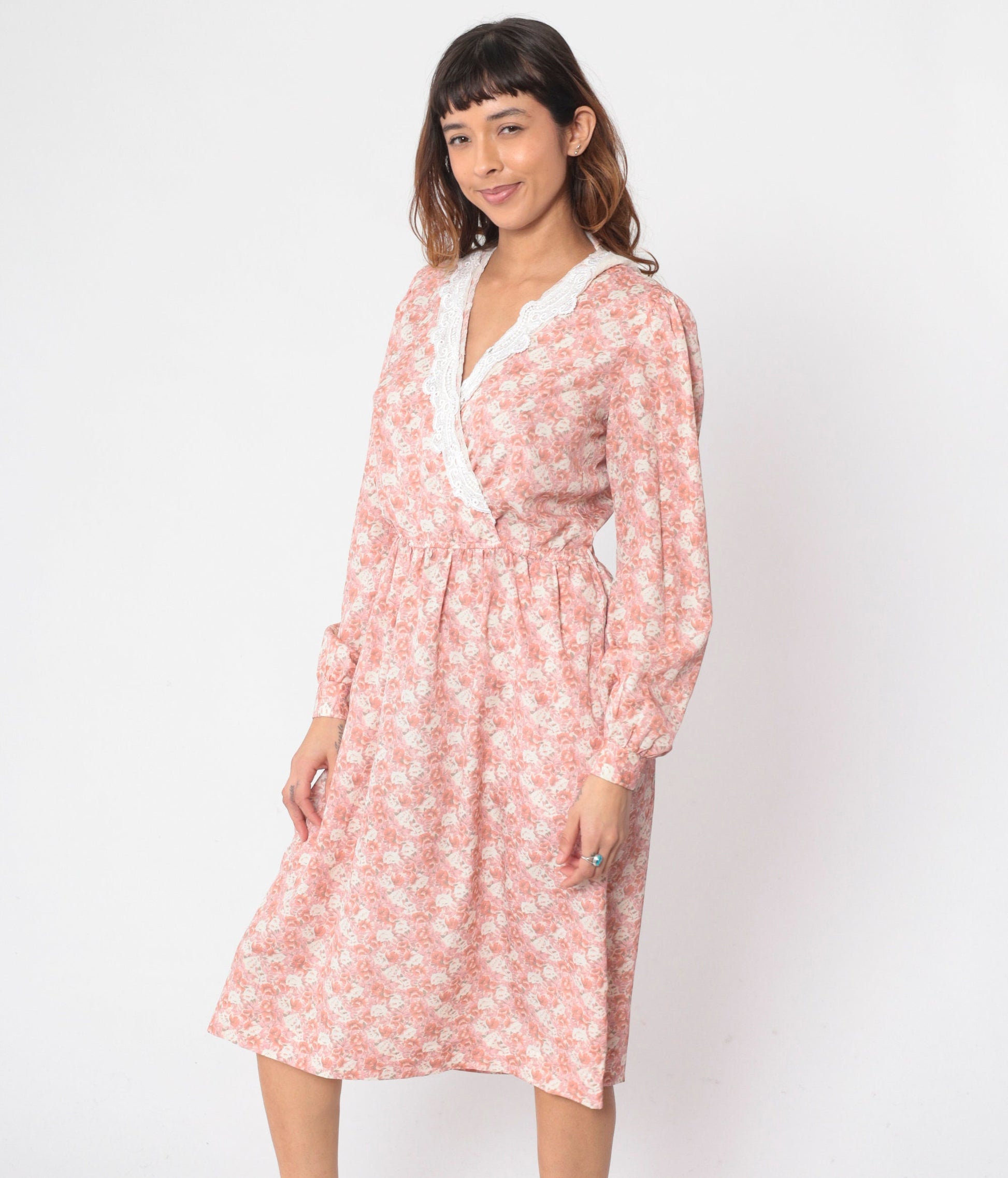 80s Floral Wrap Dress Pink V-Neck Midi Puff Sleeve High Waisted Small Medium