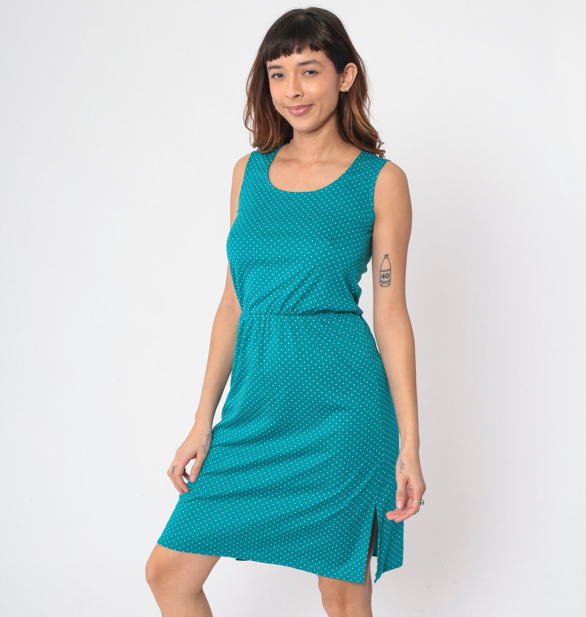 80s Teal Polka Dot Midi Dress Sleeveless High Waist Scoop Neck Small