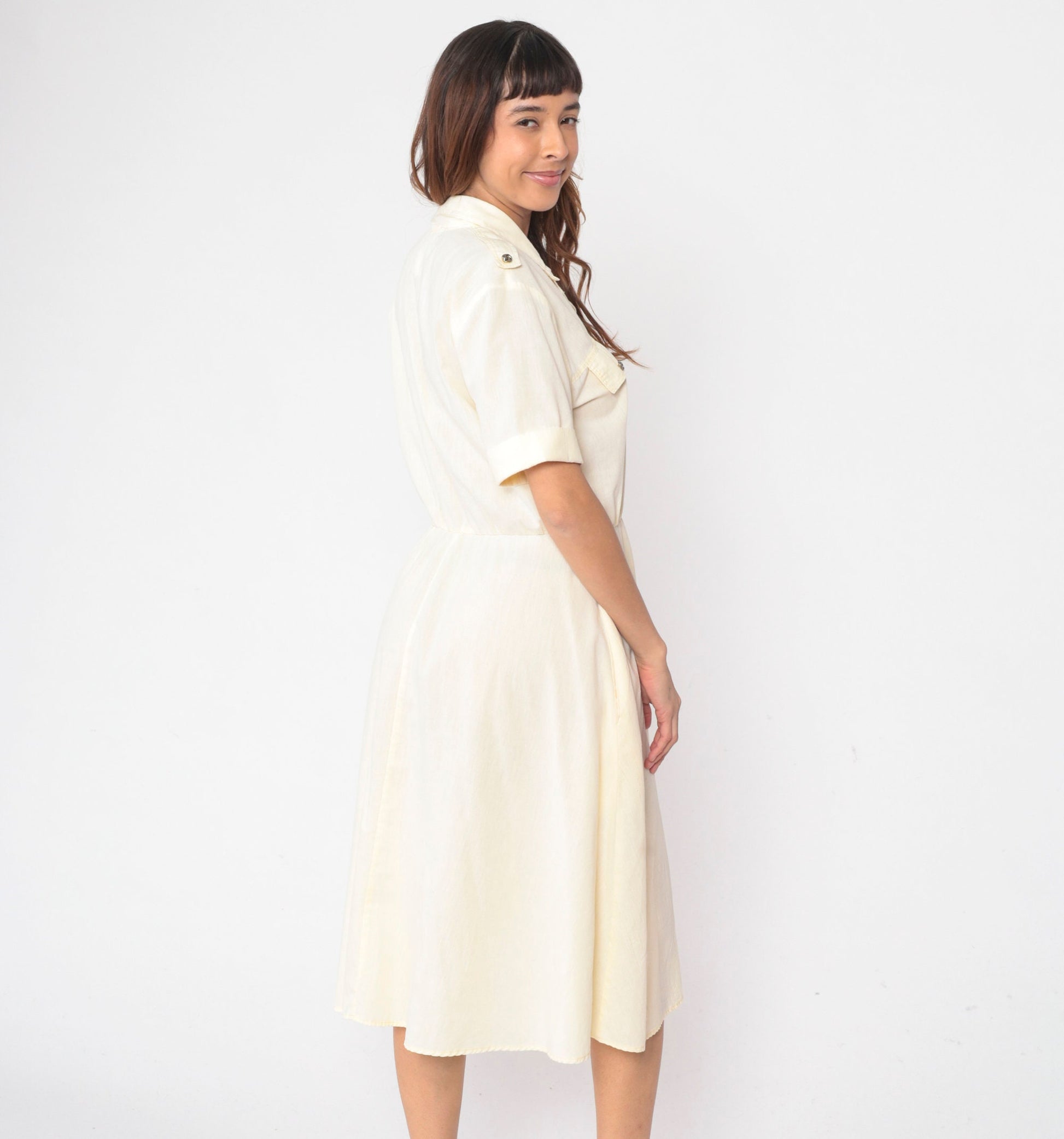 90s Pale Yellow Midi Shirt Dress High Waist Epaulette Button Up Large