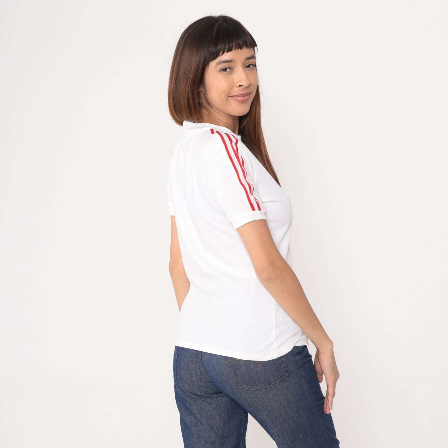 80s Adidas Trefoil Ringer T-Shirt White Nylon Red Stripes Medium
