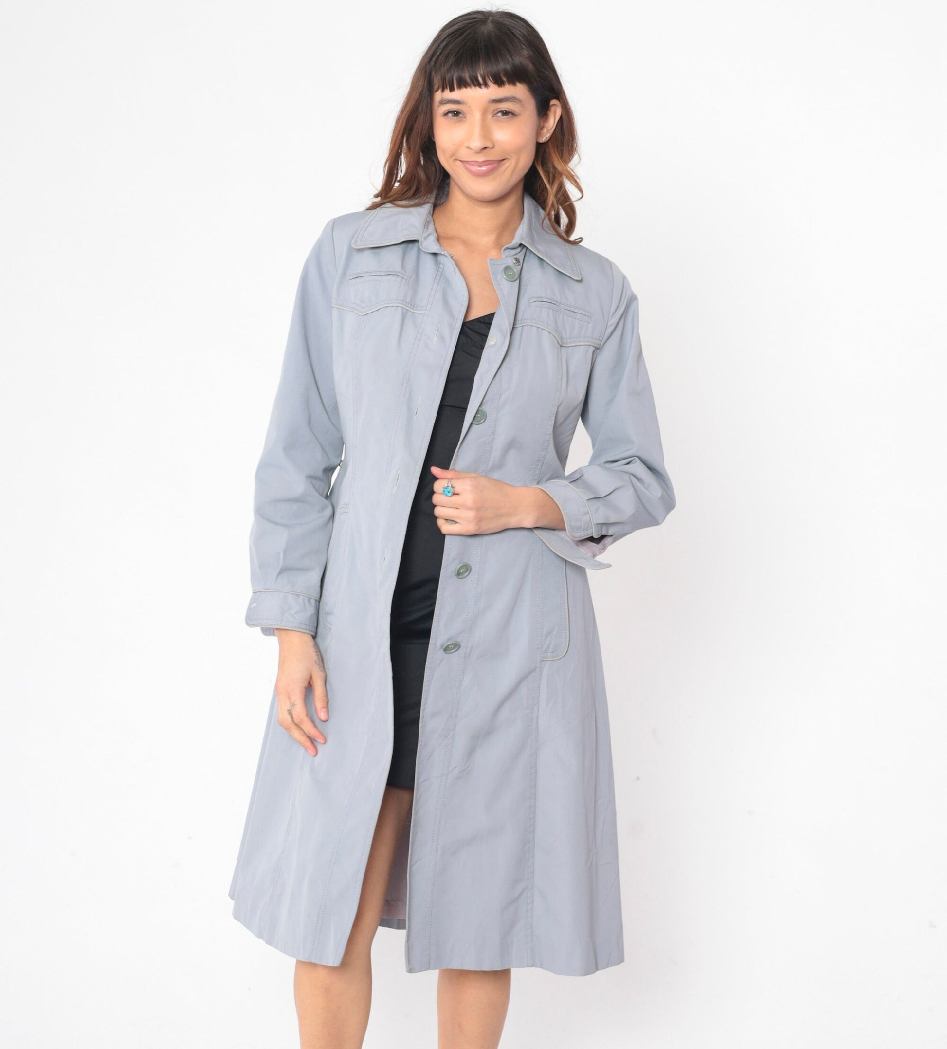 70s Muted Blue Trench Coat Western Yoke Button-Up Belted Jacket Small