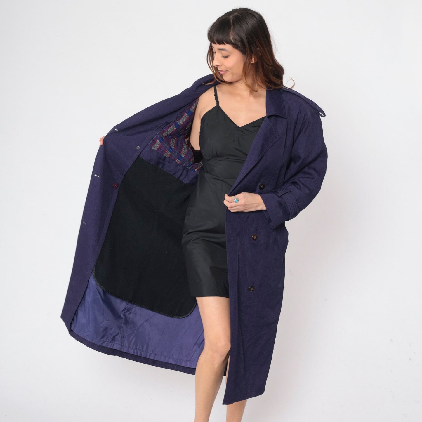 90s Purple Trench Coat Double Breasted Epaulette Belted Midi Jacket Medium