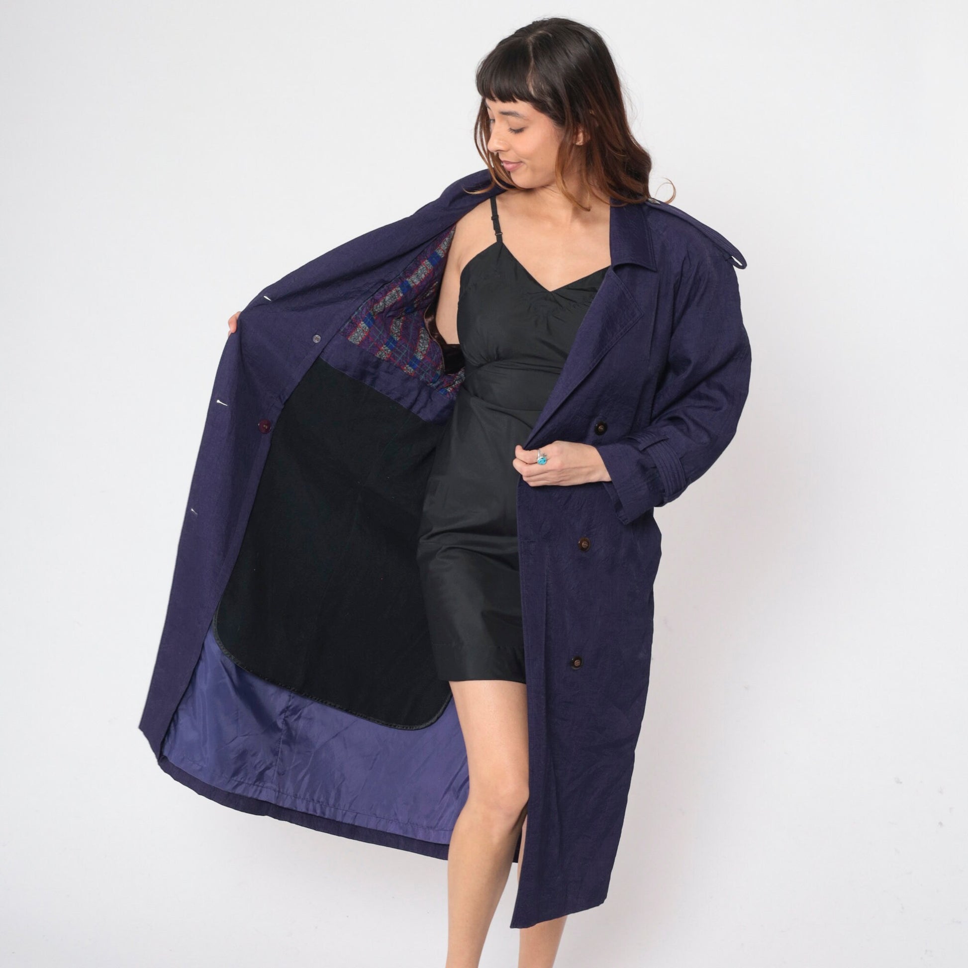 90s Purple Trench Coat Double Breasted Epaulette Belted Midi Jacket Medium