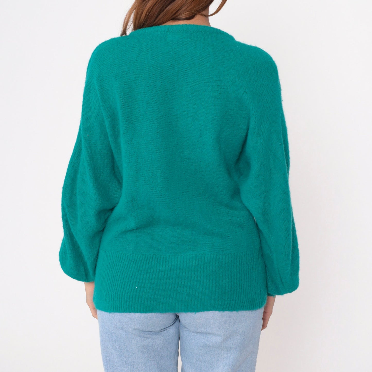 80s Green Sequin Floral Sweater Beaded Dolman Sleeve Knit Medium