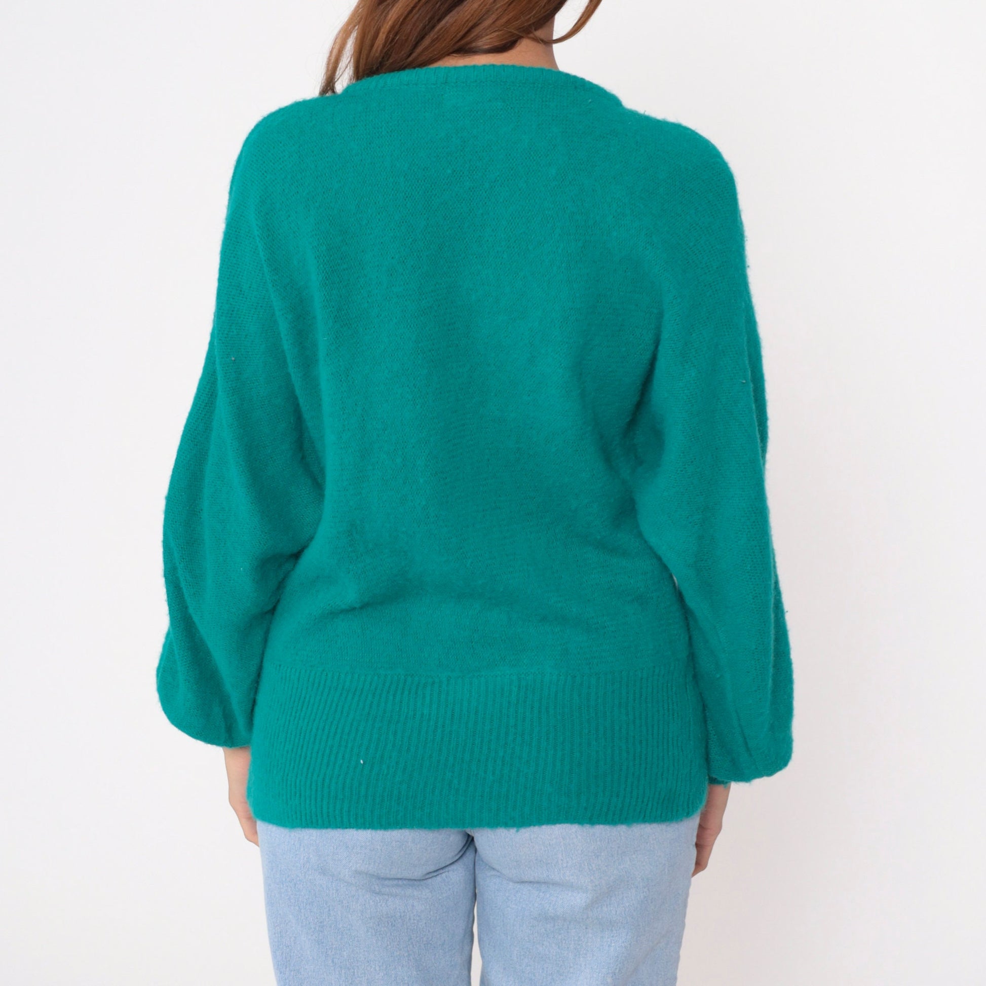 80s Green Sequin Floral Sweater Beaded Dolman Sleeve Knit Medium