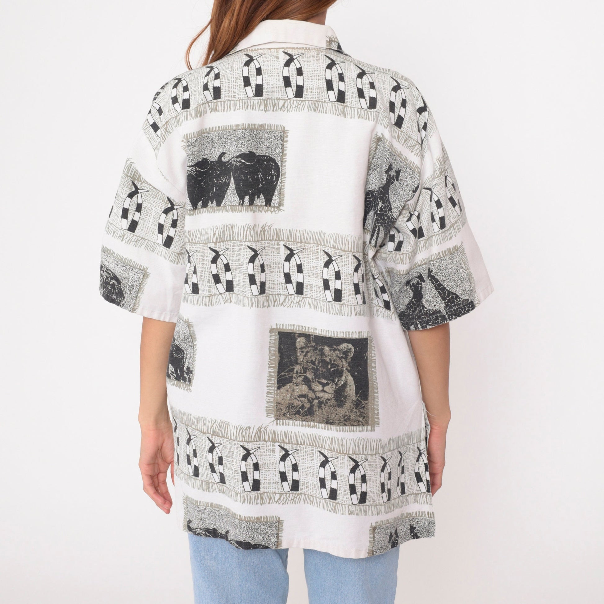 80s Safari Animal Print Button-Up Shirt Lion Giraffe Buffalo Black White Large