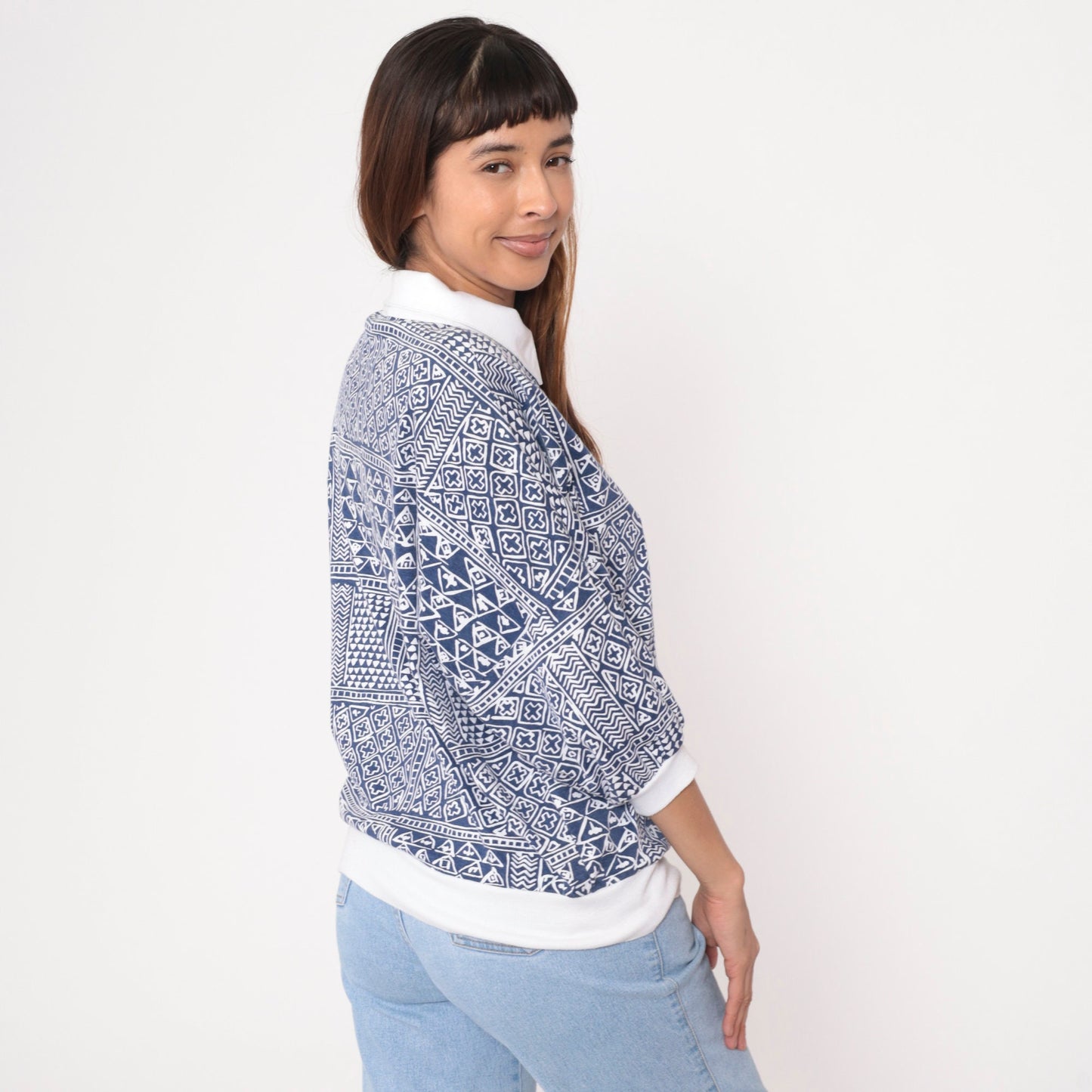 90s Drapers & Damons Polo Shirt Geometric Print Blue White Dolman Sleeve Large
