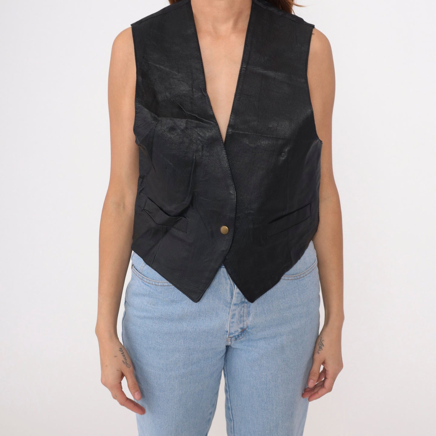 90s Black Leather Vest Single Snap V-Neck Sleeveless Top Small