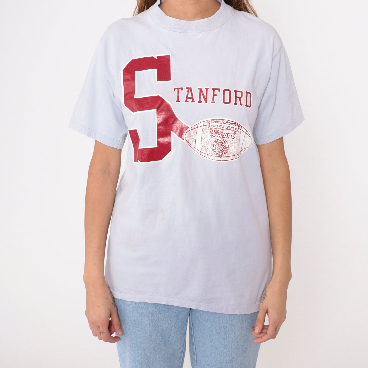 80s Stanford University Football Graphic T-Shirt Blue-Grey Medium