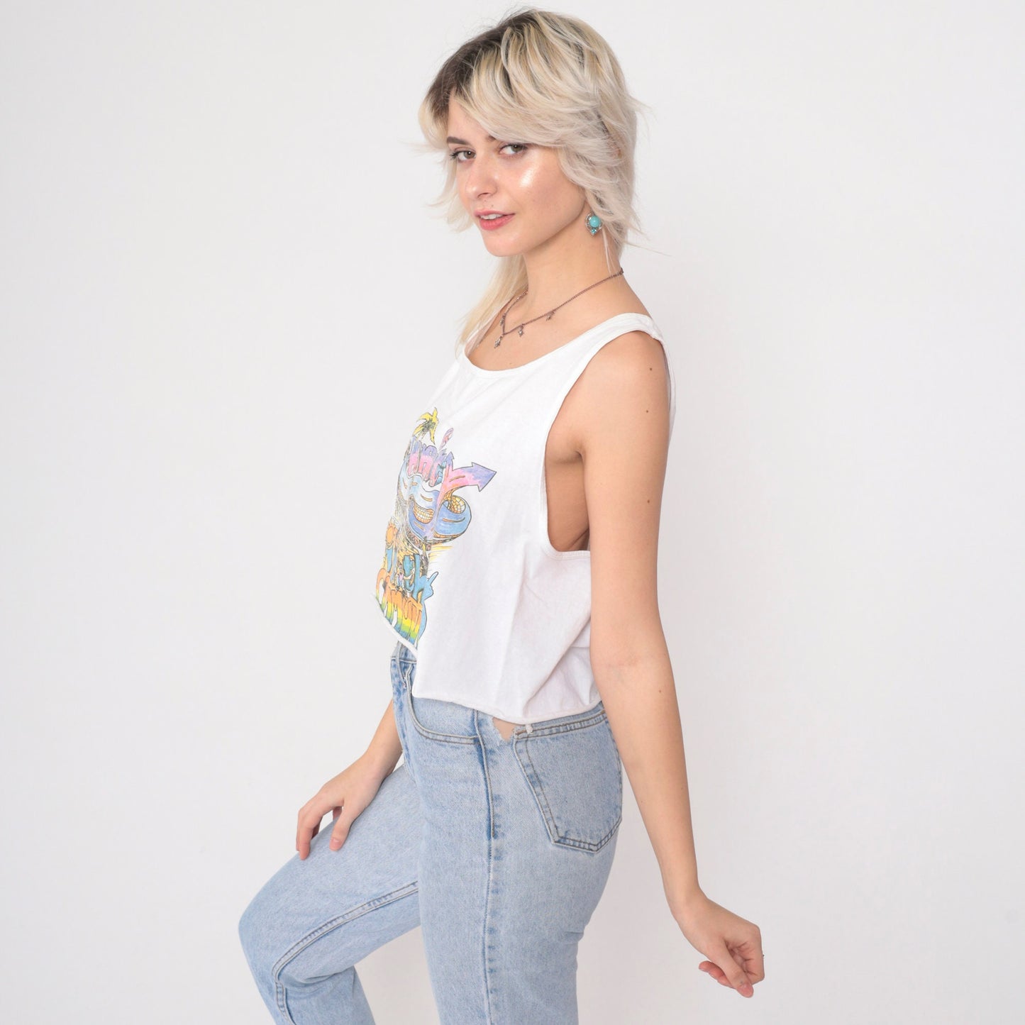 90s Unity In The Community Crop Tank Top White Graphic Tee Medium