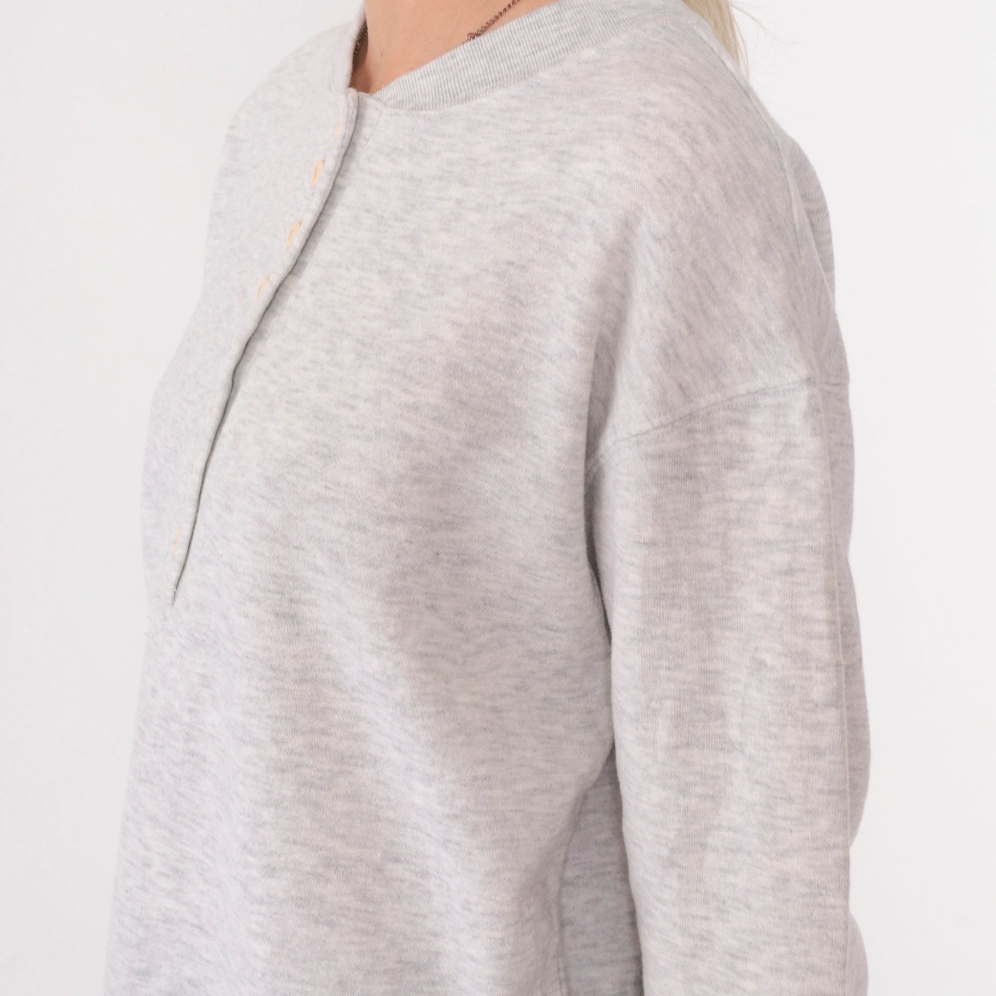 90s Heather Grey Henley Long Sleeve Button Neck Shirt Medium