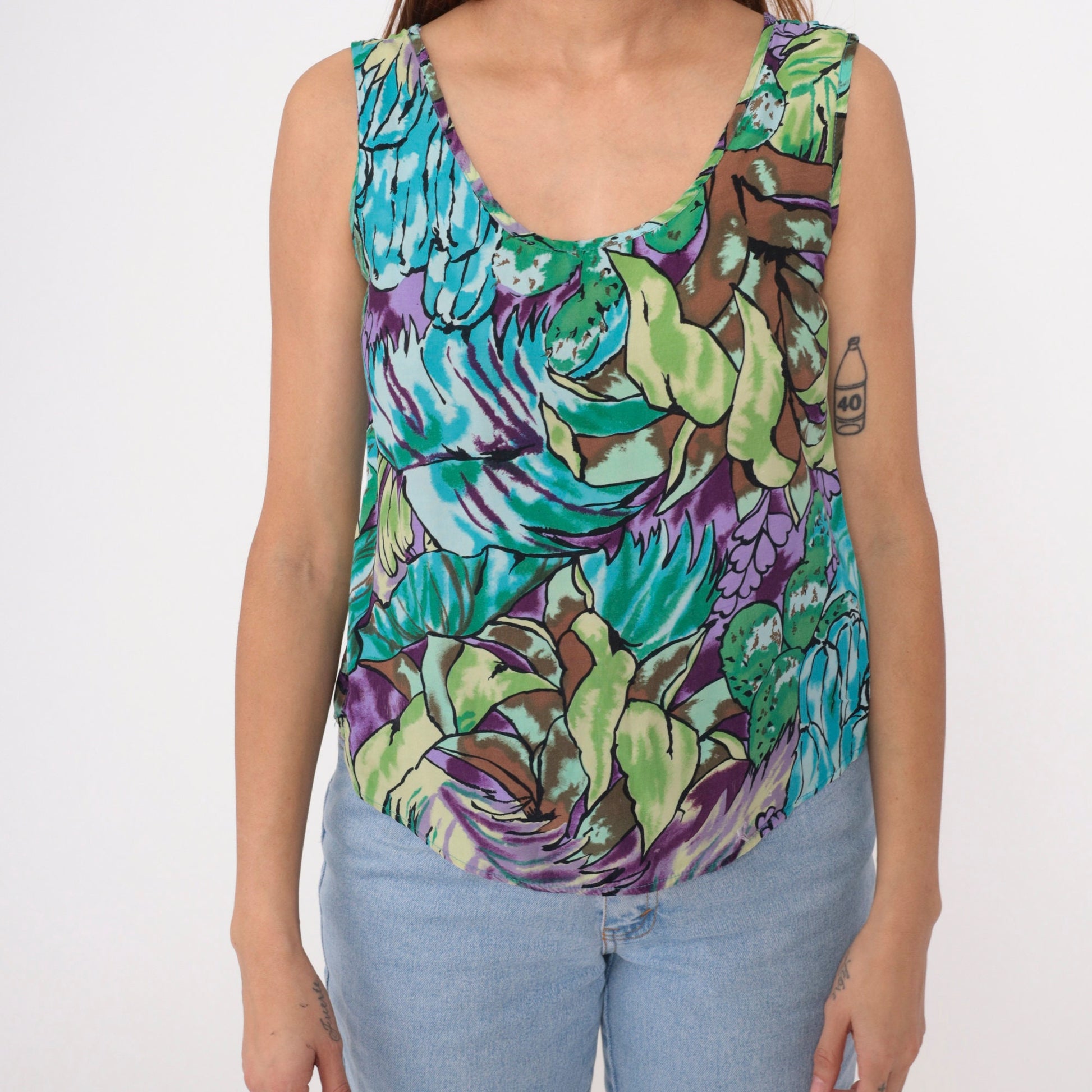 90s Botanical Abstract Leaf Tank Top Rayon Scoop Neck Green Small