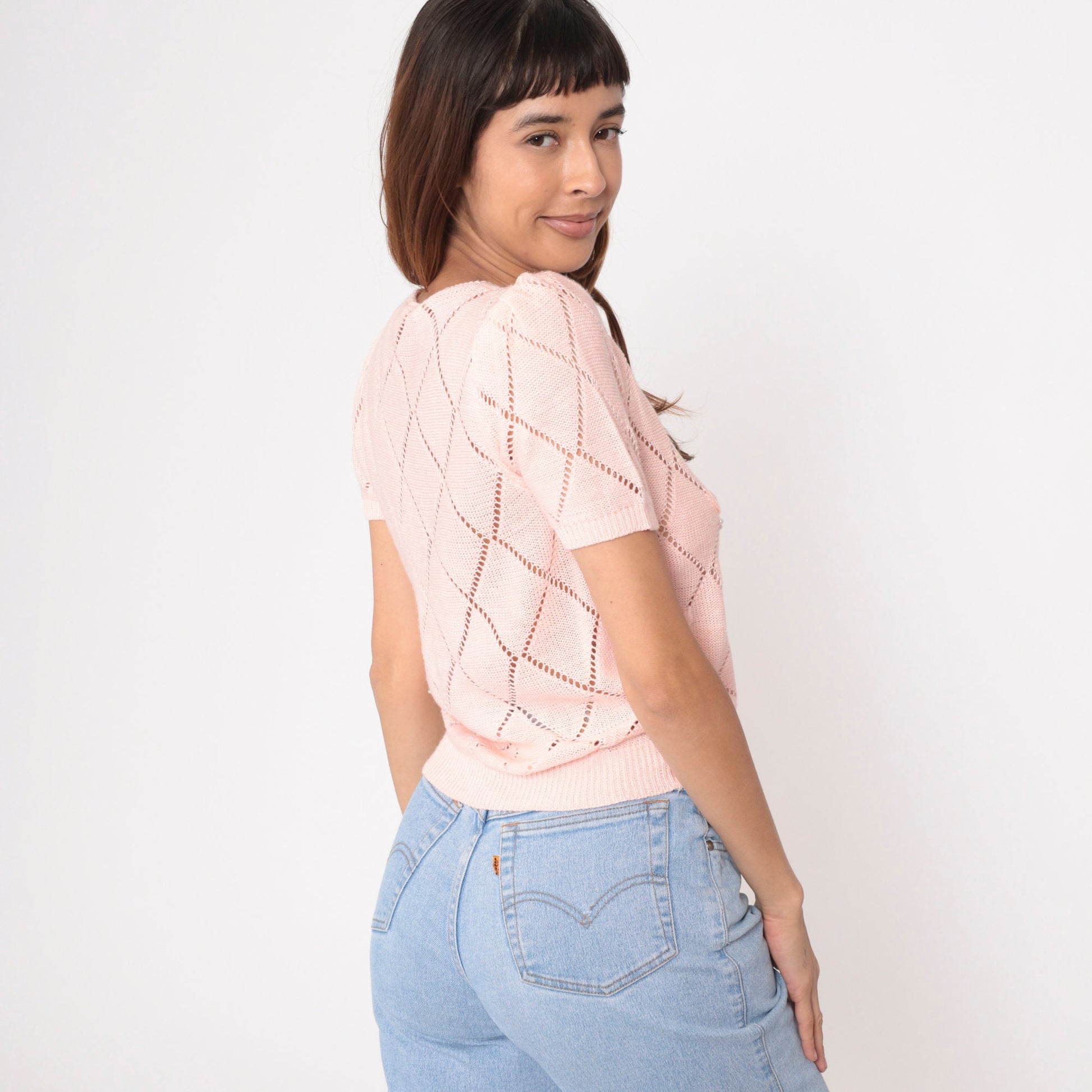 80s Baby Pink Pointelle Knit Top Pearl Beaded Puff Sleeve Cutout Small