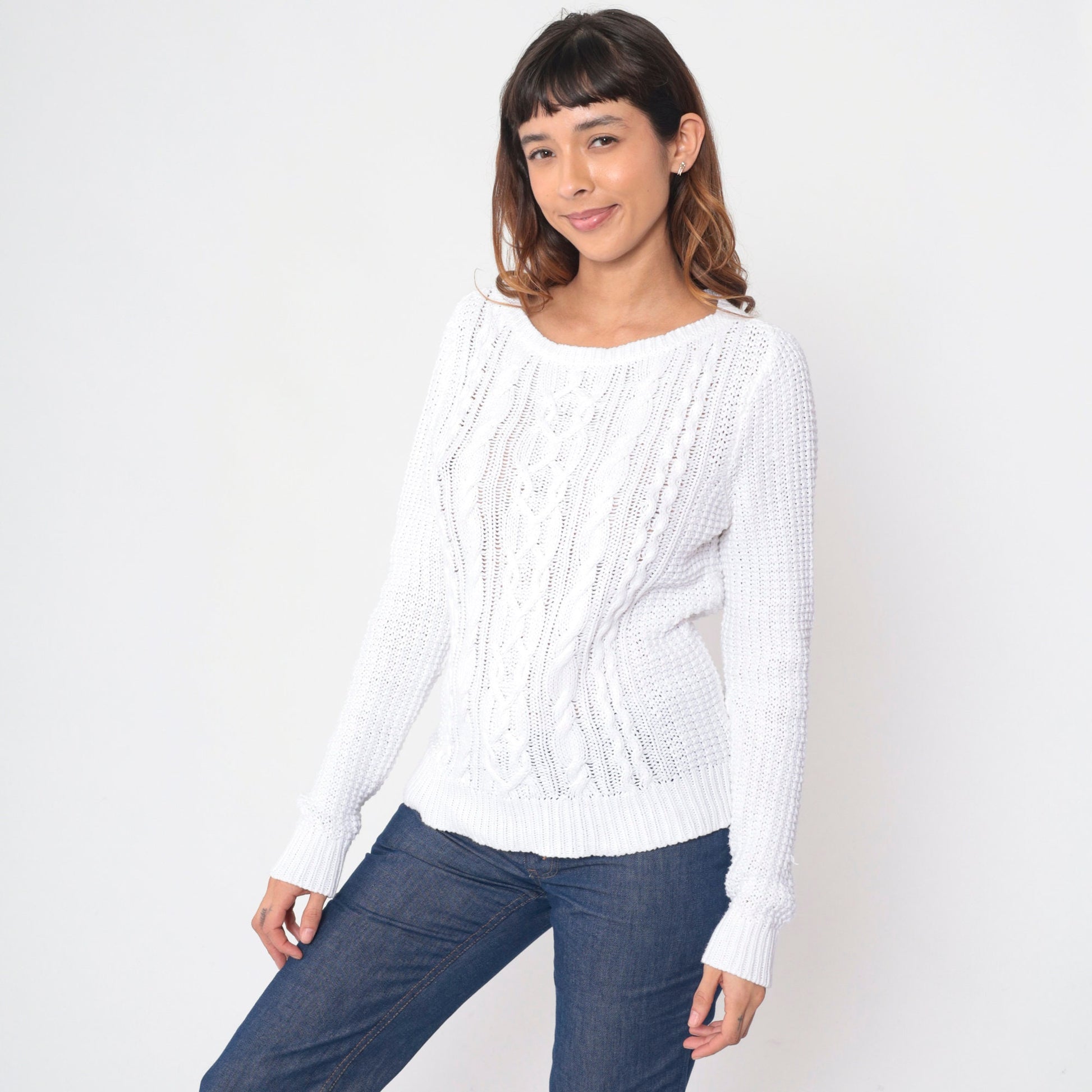 Y2K Ralph Lauren White Cable Knit Pullover Sweater Medium M