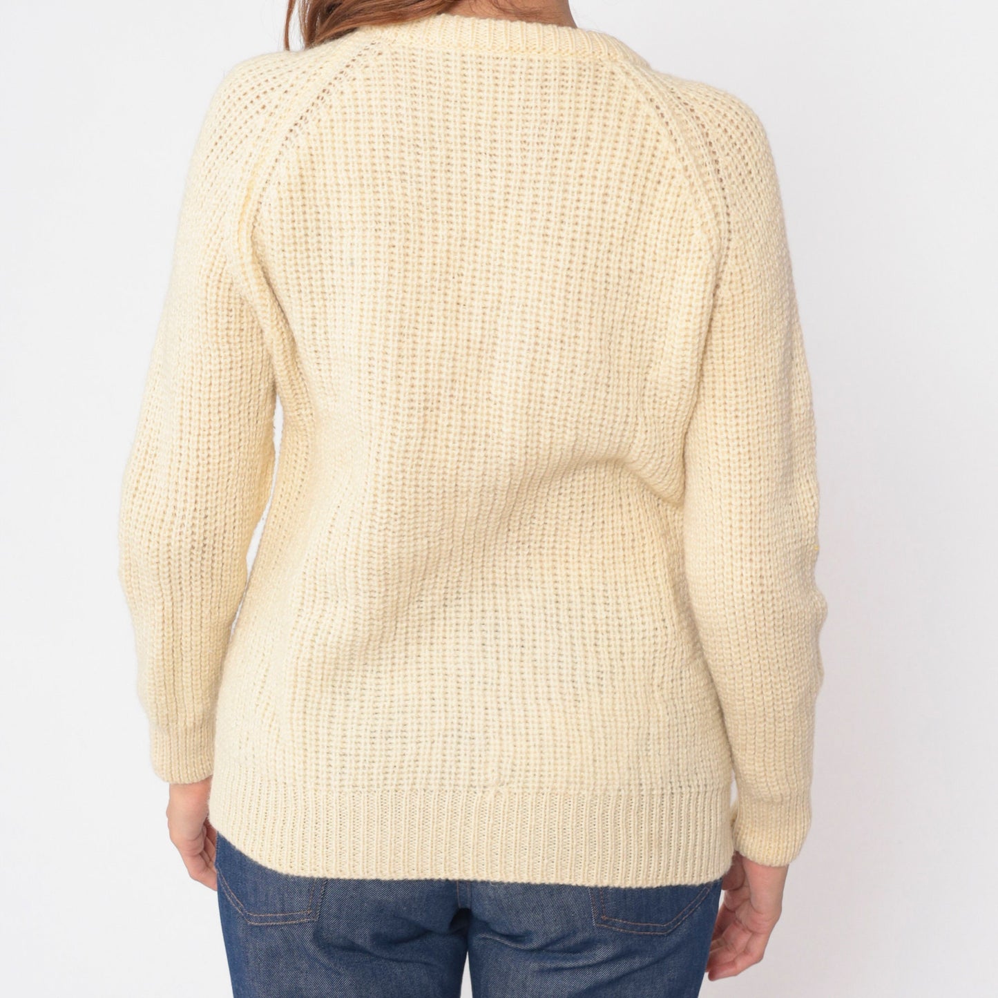 60s Wool Sweater Cream V-Neck Raglan Pullover Knit Small