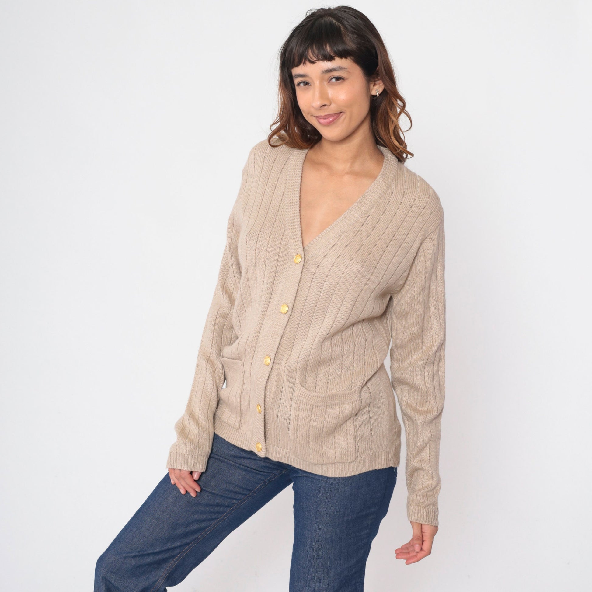 90s Taupe Ribbed Knit Cardigan Button-Up V-Neck Small S