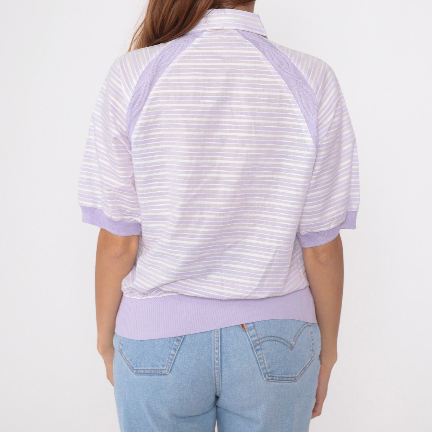 80s Arnold Palmer Striped Polo Shirt Lavender White Collar Short Sleeve Small