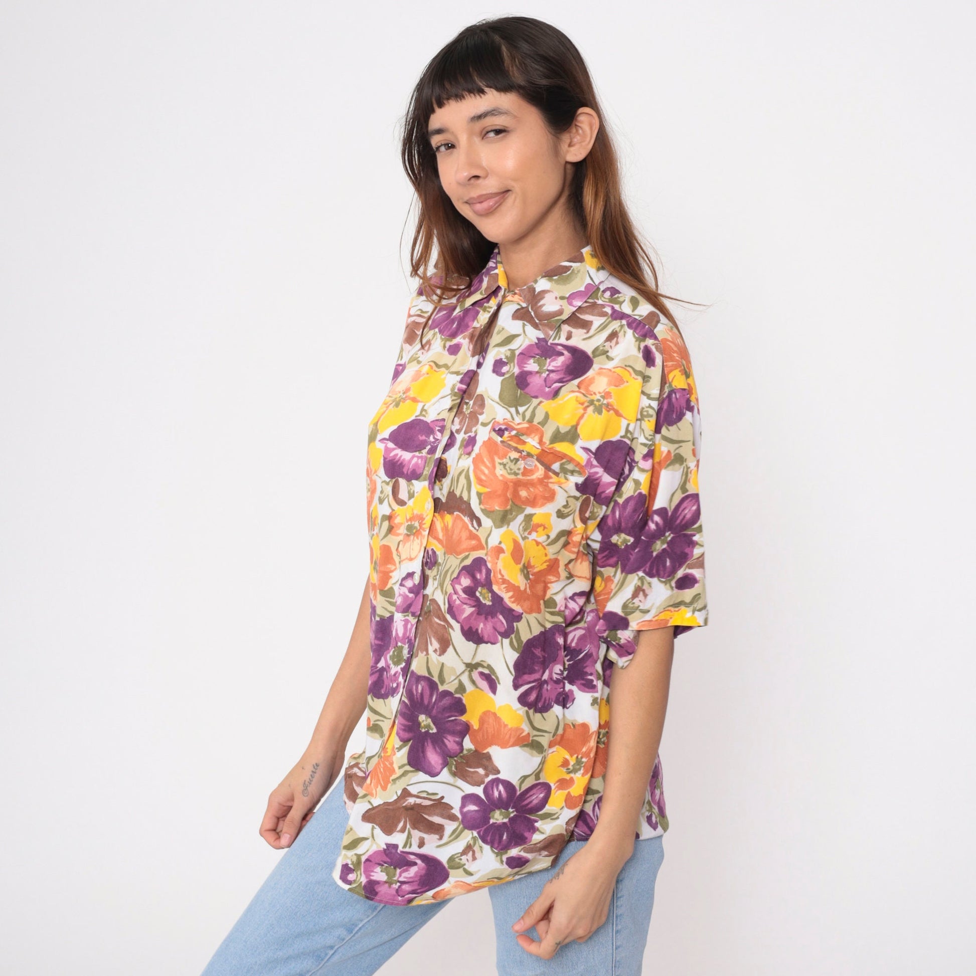 90s Watercolor Floral Rayon Button-Up Blouse Short Sleeve Large L