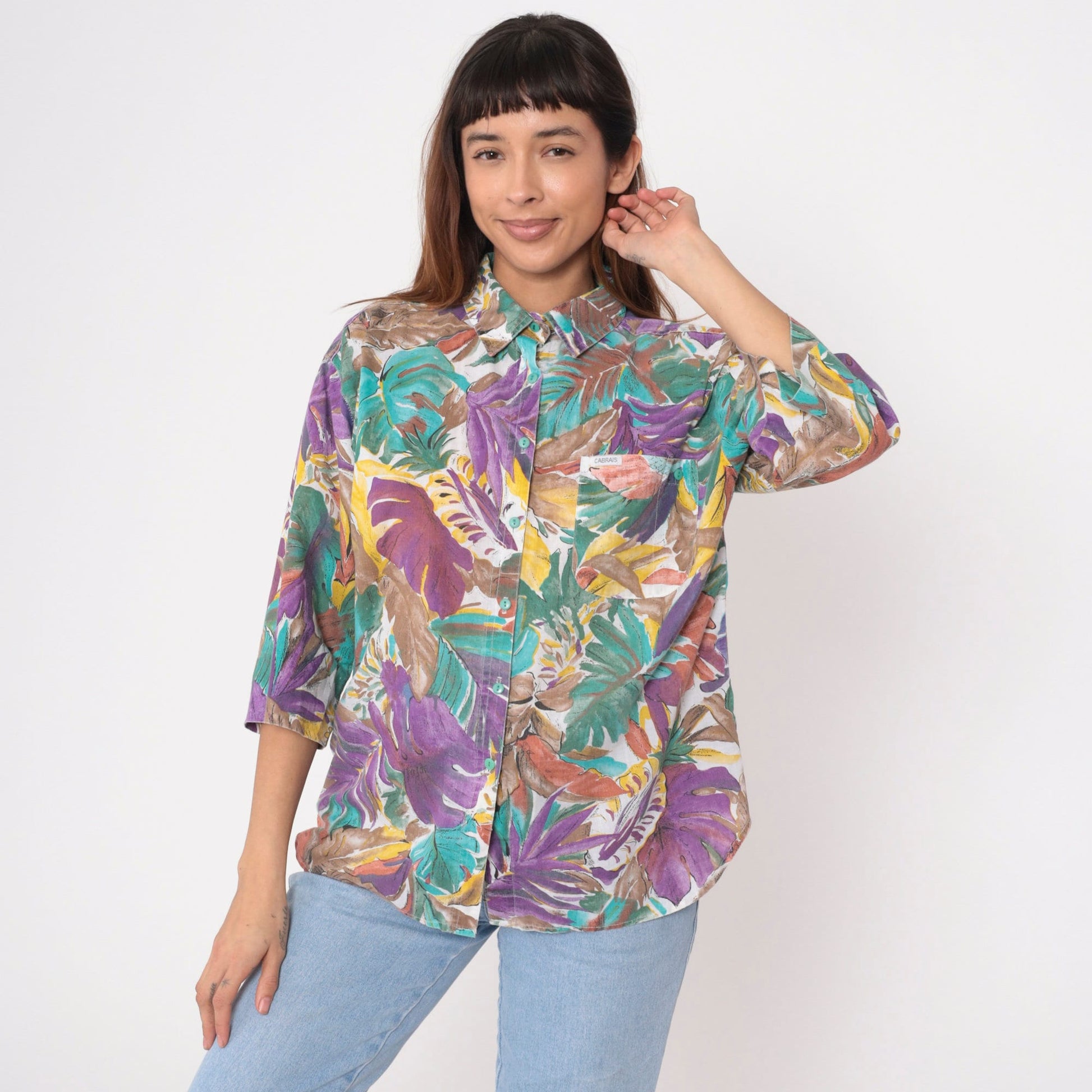 90s Tropical Leaf Print Button-Up Blouse Turquoise Purple 3/4 Sleeve Large
