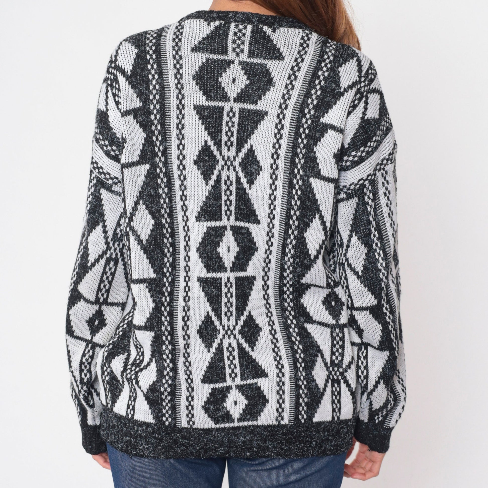90s Black White Geometric Abstract Knit Sweater Crewneck Large L