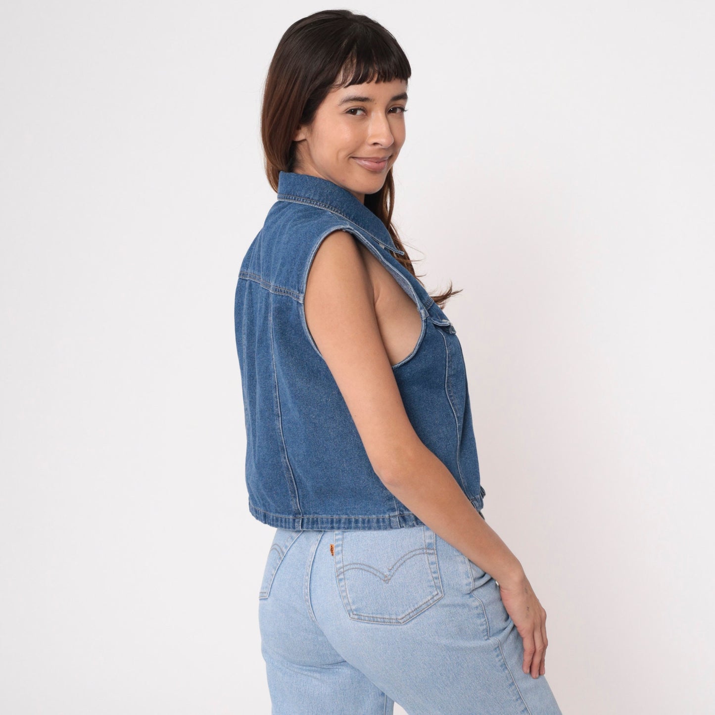 90s Blue Denim Sleeveless Button-Up Shirt Collared Tank Medium